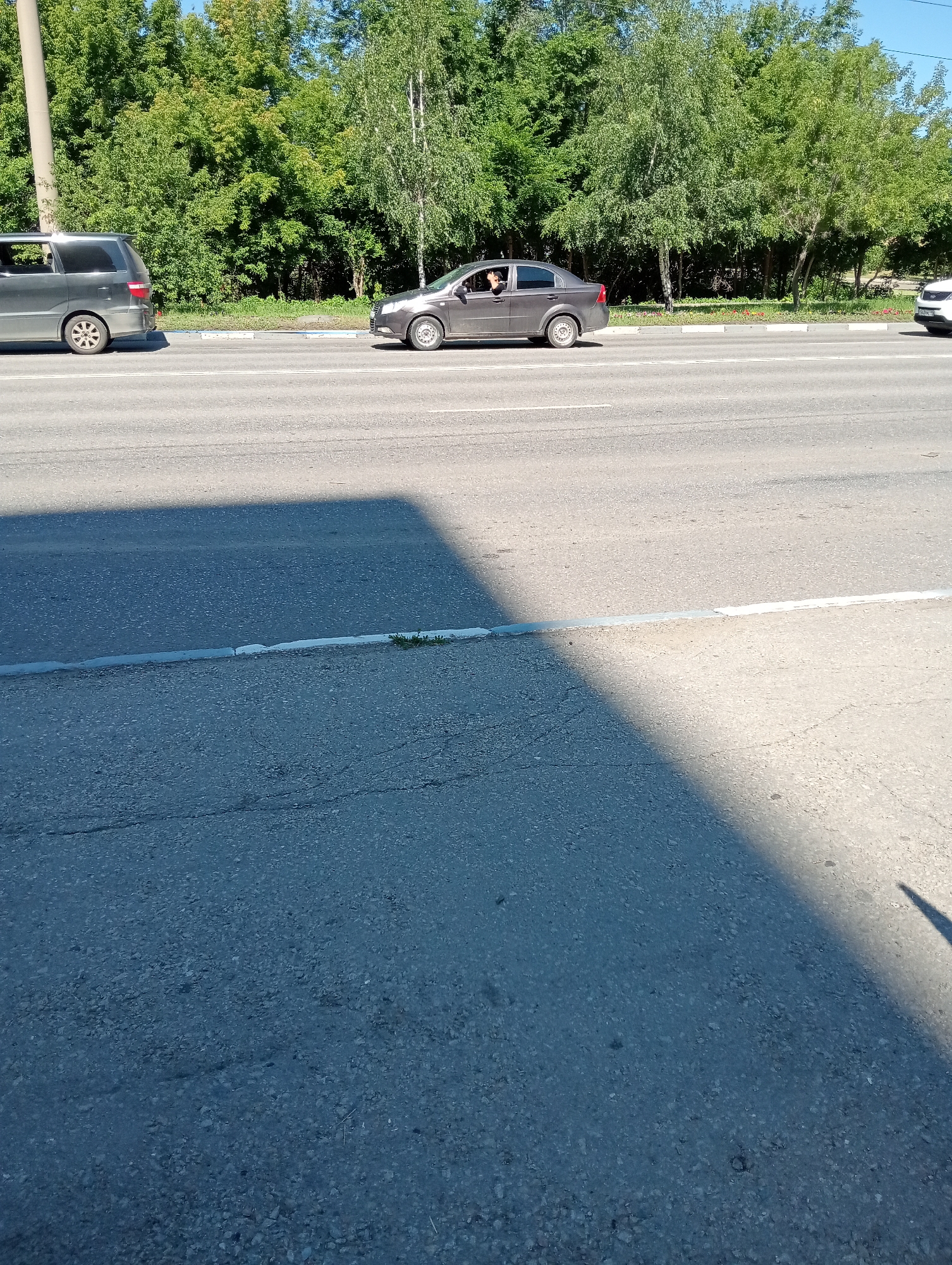 A gray minivan is parked on the side of a road, with its driver's side door open. A dark gray sedan is driving on the road, with a person visible in the driver's seat. A white car is also visible driving on the road in the distance. The scene appears to be in a suburban area with trees lining the road. The road is paved and has white lane markings. A shadow of a nearby object or structure falls across the road.