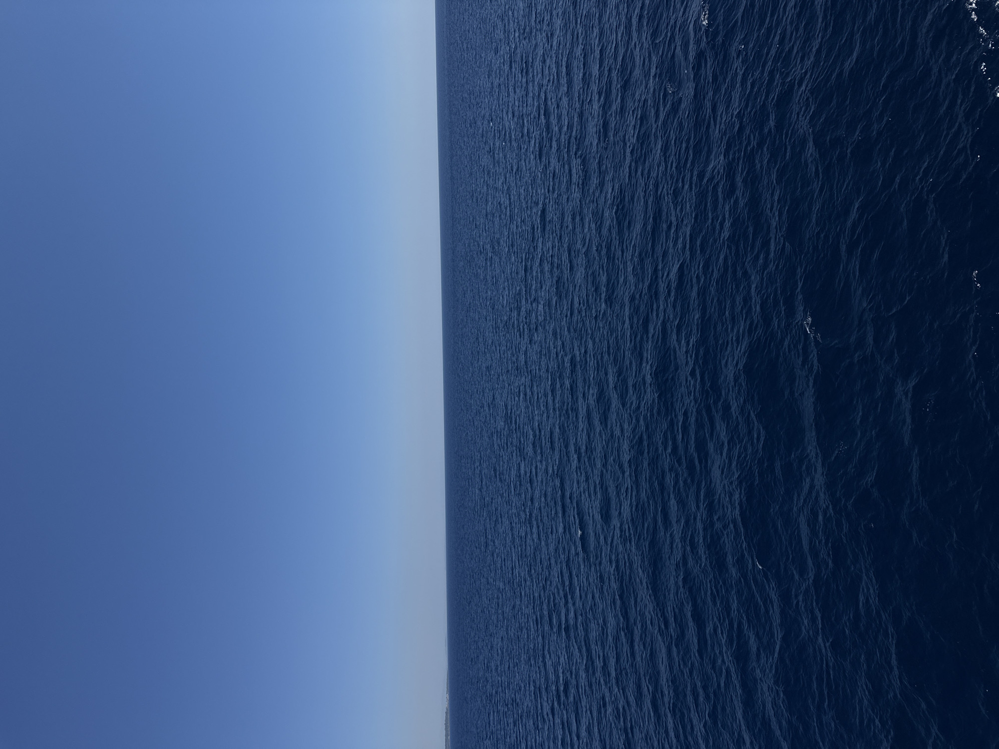The image depicts a vast expanse of deep blue ocean under a clear, bright blue sky. The horizon line is sharp, dividing the water from the sky. There is a subtle hint of land on the far left edge of the image, appearing as a faint, low-lying shape against the horizon, possibly a coastline. The water is slightly choppy, with small waves creating a textured surface. A few small white specks are visible on the water's surface, which could be foam or small debris. The scene appears to be set in an open water environment, consistent with the coastal region of Kalamata, Greece, known for its extensive shoreline and clear waters. There are no people or man-made objects clearly identifiable in the immediate scene.