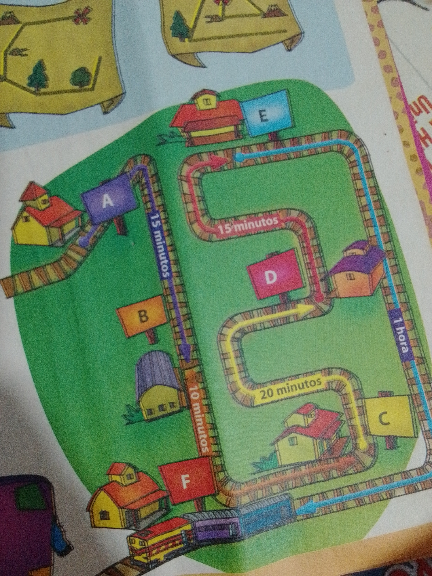 This is a colorful, illustrated map depicting a train route with various stops labeled with letters and times. The map is not set in a specific city, nor does it mention La Tagua, Venezuela. The environment is a green, grassy landscape with cartoonish houses and trees. A train track snakes through the landscape, with different colored segments indicating different travel times: purple segments are labeled "15 minutos", yellow segments are labeled "20 minutos", and a blue segment is labeled "1 hora". Stops are marked by colored signs with letters: A, B, E, D, C, and F. There are no people or animals depicted in the illustration. The overall style is childlike and playful.