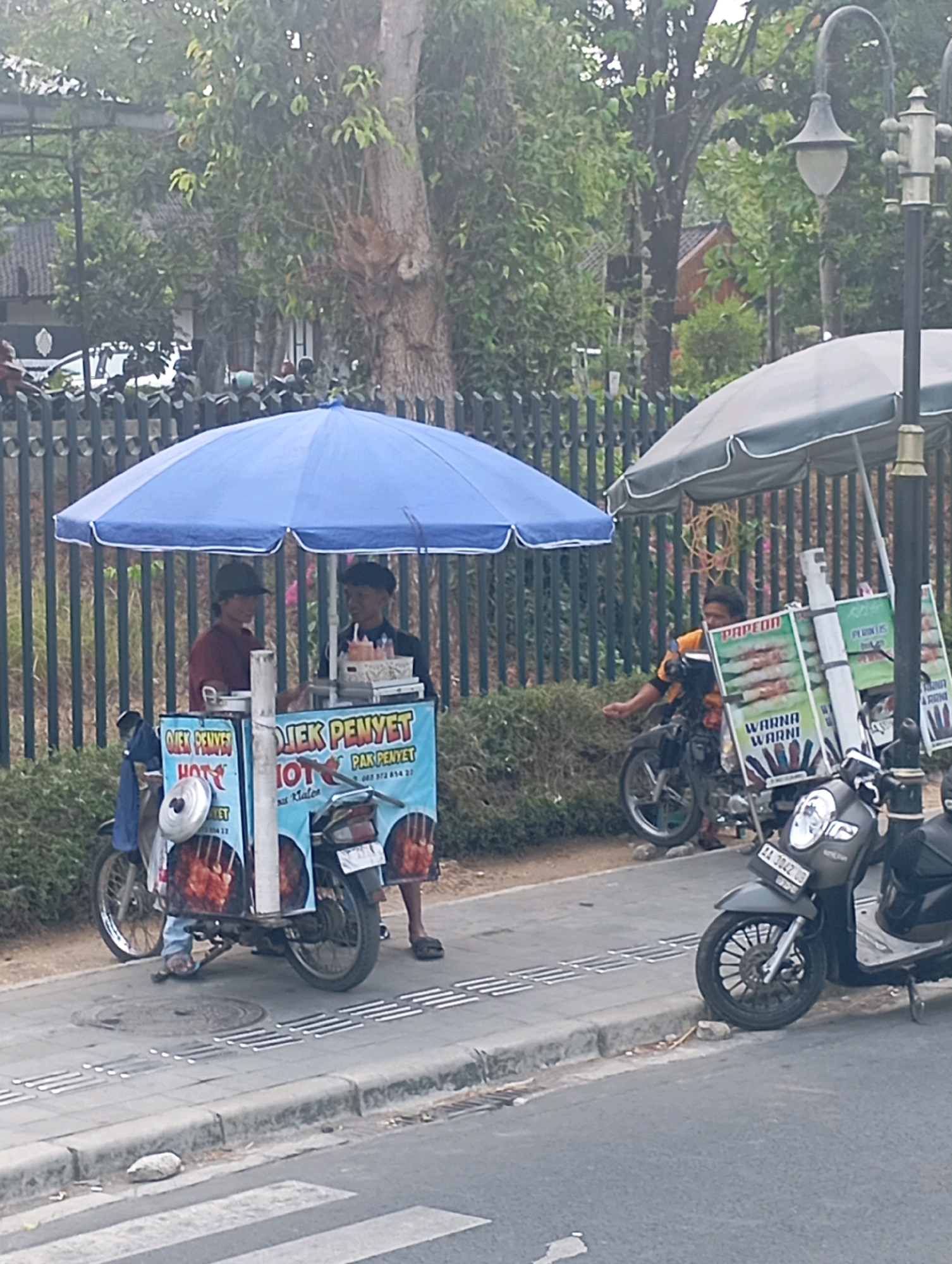 A street scene in Borobudur, Indonesia, features two mobile food carts operating under blue and grey umbrellas. The cart on the left, under the blue umbrella, is adorned with blue signage and appears to be selling "Ojek Penyot" and "Hot" food items. Two individuals, one wearing a maroon shirt and the other a dark shirt, are near this cart. A motorcycle is parked beside this cart. The cart on the right, beneath a grey umbrella, displays colorful signage, including "PAPEDA" and "WARNA WARNI," suggesting a variety of food offerings. A person in an orange and black shirt is attending this cart, and another motorcycle is parked next to it. The carts are situated on a paved walkway alongside a street, with a metal fence and lush greenery in the background. A street lamp with a decorative design stands near the right cart.