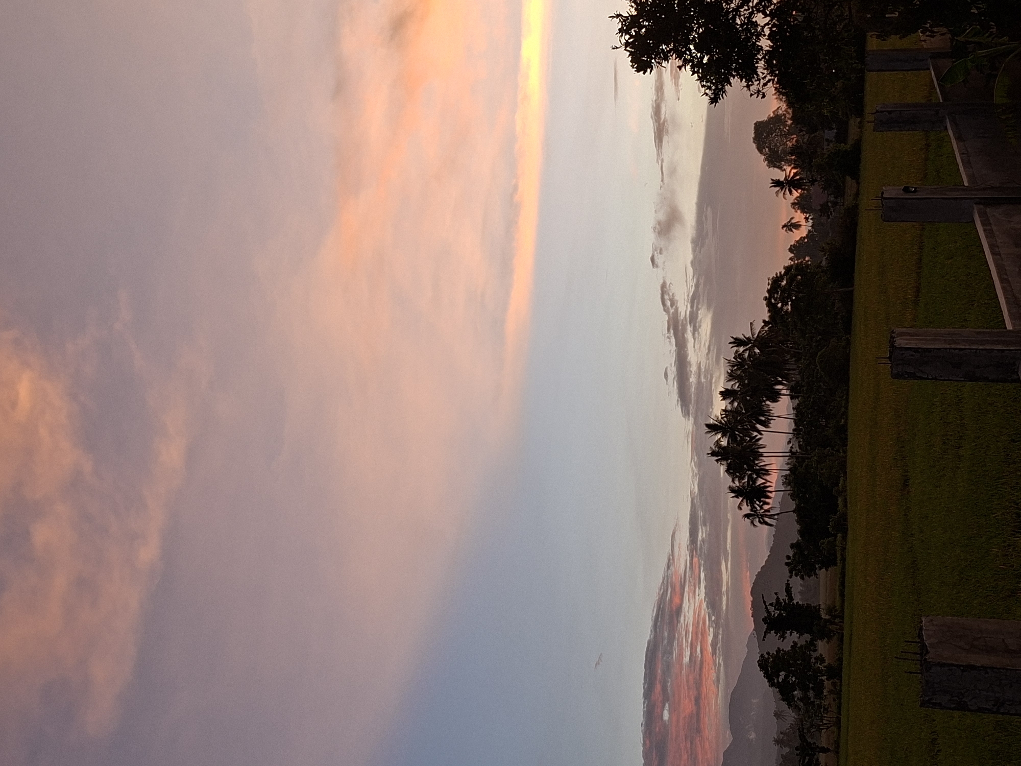 The image depicts a serene natural landscape at dusk. The sky is painted with soft hues of pink, orange, and blue, indicating the sunset. A line of silhouetted palm trees and other foliage stretches across the middle ground, separating a vibrant green field from the sky. In the background, hazy mountains rise in the distance. The foreground shows a partially constructed fence or barrier made of concrete posts and what appears to be a low concrete wall. The overall scene is peaceful and evokes a sense of tranquility. There are no people or animals visible in the image. The location is identified as Unknown, Unknown.