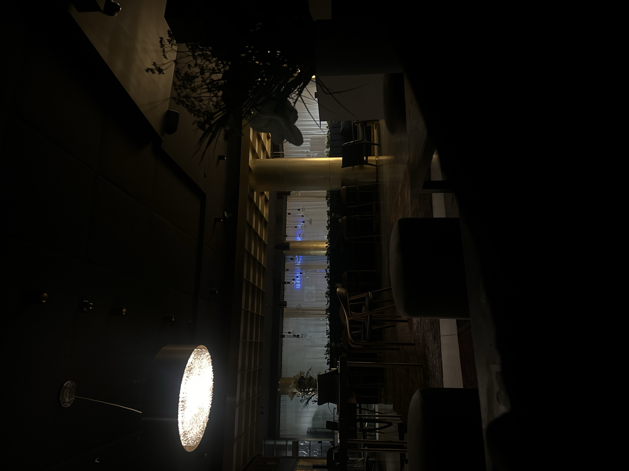 The image captures a dim, dimly lit interior scene, potentially within a restaurant or lounge. There are dark chairs and tables arranged in what appears to be a dining area. A decorative floral arrangement sits atop one of the tables. A distinctive, illuminated, round fixture hangs on a dark wall on the left side of the frame, providing a stark contrast to the darkness. In the background, a window is covered by a light curtain or blind. The image has been taken from a low angle, emphasizing vertical lines and depth. The location is suggestive of a chic, modern establishment, possibly in a metropolitan area. The lighting gives the setting an intimate and dimly lit ambiance. The lack of clear identifying information prevents positive confirmation of the location in Sofia, Bulgaria.