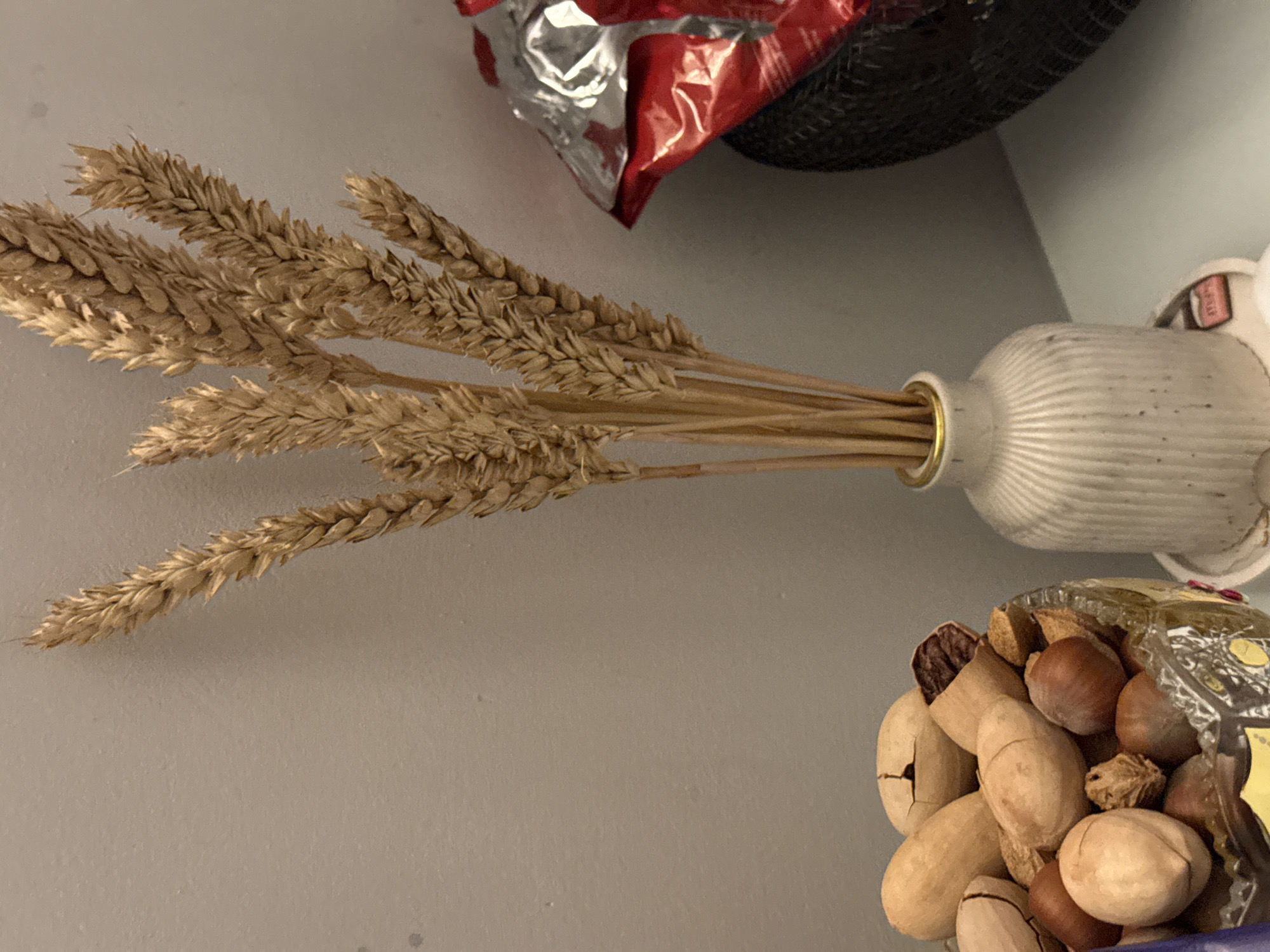 An indoor, vertically oriented close-up shot displays a collection of household items arranged against a plain, light gray wall. The central focus is a bundle of dried, golden-brown wheat stalks, fanned out at the top, placed in a white vase. The vase has a distinctive ribbed or fluted texture and a narrow neck with a golden rim where the wheat stems are gathered. Faint dark speckles are visible on the vase's surface, and a small, unreadable red and white label is affixed near its top right edge.
To the bottom right of the frame, a clear container, possibly made of glass or plastic, is filled with an assortment of in-shell nuts. Prominent among them are pecans (some cracked open), hazelnuts, and what appear to be walnuts or similar larger nuts. The container itself seems to have some decorative detailing, though it's not clearly discernible.
In the upper right corner, a crumpled red and silver foil object is visible, partially obscured by a dark, mesh-like item, possibly part of a scrubber or a woven basket. The overall scene suggests a still life arrangement, likely on a shelf or countertop, presenting a rustic and natural aesthetic. No people or activities are present, and the lighting is even, typical of an indoor setting. No other legible text is visible in the image.