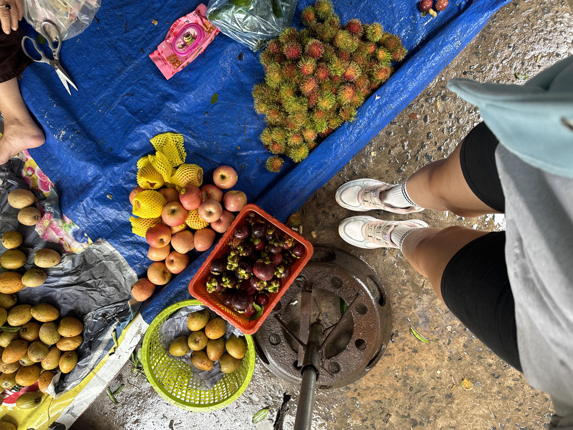 View from above looking down at a person standing in a wet street next to a fruit stand. The vendor has spread a blue tarp on the ground. On the tarp and around it are several piles and baskets of fruit: rambutan, apples, mangosteens, and some yellow-brown fruit. There are also some tools and supplies: scissors, a box of wipes, and plastic bags. The person is wearing a light-colored hat, gray t-shirt, black shorts, white socks, and white running shoes. The ground is wet and dirty. This scene takes place in the city of Mũi Né, Vietnam.