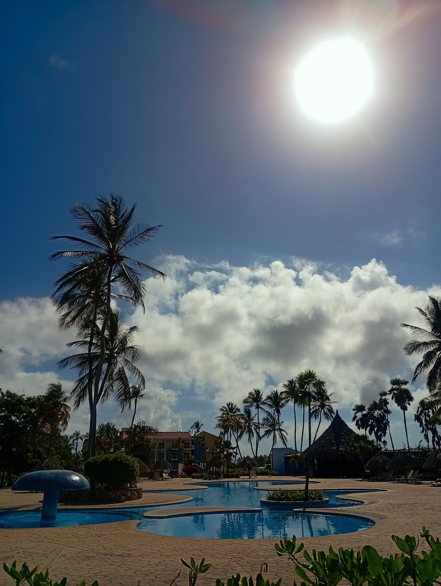 This image depicts a sunny outdoor scene at a resort in Playa El Agua, Venezuela. The foreground features a light-brown patterned pool deck surrounding a multi-section swimming pool filled with light blue water. A mushroom-shaped water feature, tiled in blue mosaic, is visible in the left section of the pool. Lush green foliage occupies the immediate foreground and surrounds parts of the pool area.
Numerous tall palm trees are scattered throughout the midground and background, creating a tropical environment. In the background, a multi-story hotel building with yellow-orange walls and a red roof section is visible. Several palapa-style thatched-roof structures, some functioning as umbrellas and others as small huts, are distributed around the pool and near the hotel building. Lounge chairs are visible under some of these palapas on the right side of the frame. The sky is a bright blue with scattered white, puffy clouds. A distinct, brilliant white sun with visible rays is prominently positioned in the upper right quadrant of the sky. No individuals are visible within the frame.