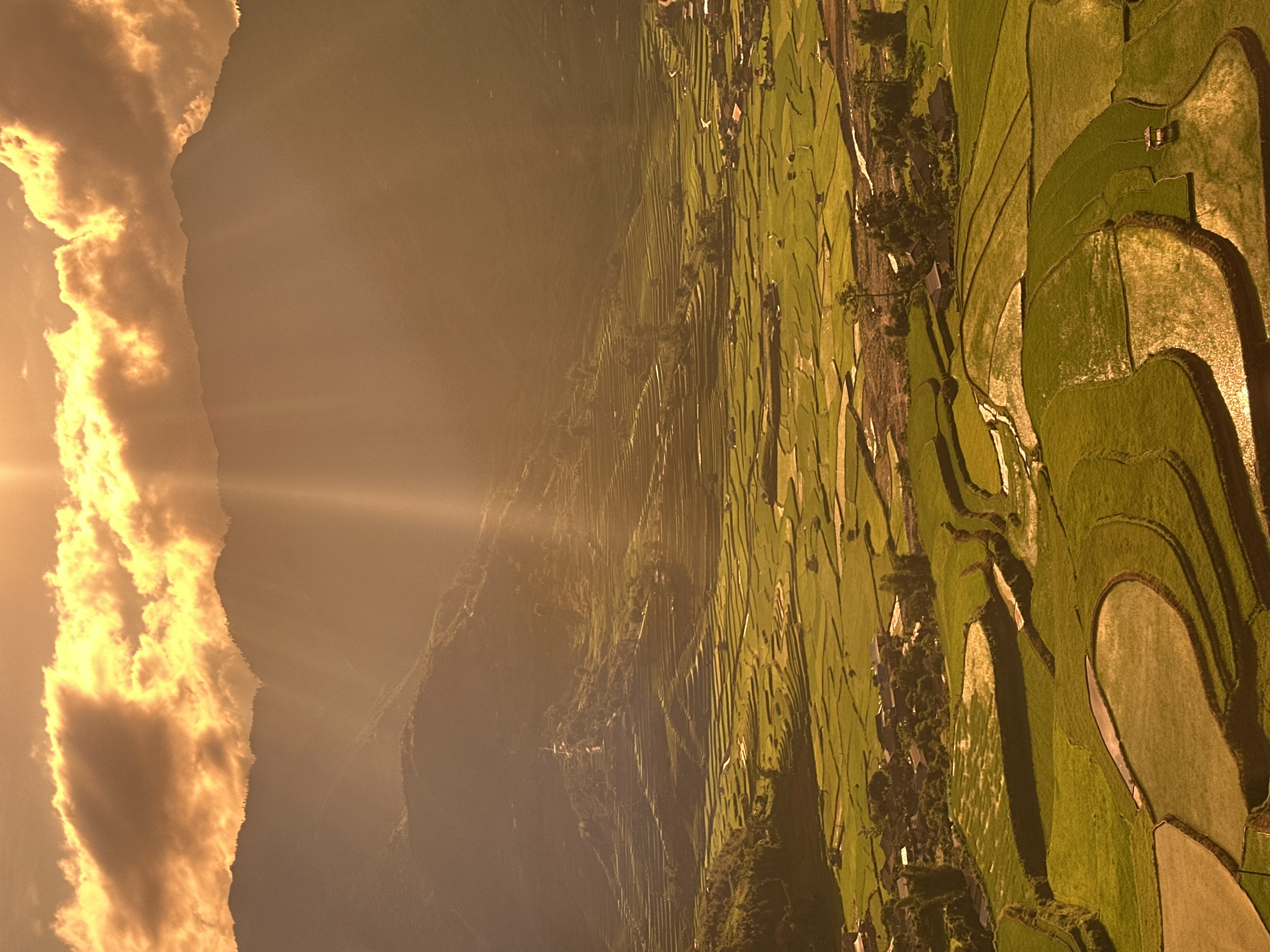 The image captures a panoramic high-angle view of the Tú Lệ valley in Vietnam, likely during sunrise or sunset, evidenced by the warm golden light and pronounced sun rays. The upper portion of the frame features a mountainous landscape with multiple ridges receding into the distance, appearing silhouetted against a luminous sky. The sky displays dramatic, backlit clouds in shades of golden orange and yellow, with distinct beams of light descending vertically into the valley.
The midground and foreground are dominated by extensive terraced rice fields, characteristic of the region. These terraces feature varying shades of green, with some paddies filled with water, creating reflective surfaces that catch the golden light. The patterns of the terraced fields are intricate and curvilinear, conforming to the contours of the landscape. Small clusters of traditional-style buildings or houses with dark roofs are scattered throughout the valley floor and nestled among the lower terraces, suggesting human habitation. Narrow, winding paths or roads are visible traversing the slopes between the terraces. Sparse trees are interspersed among the fields and near the settlements. No human figures are visible.