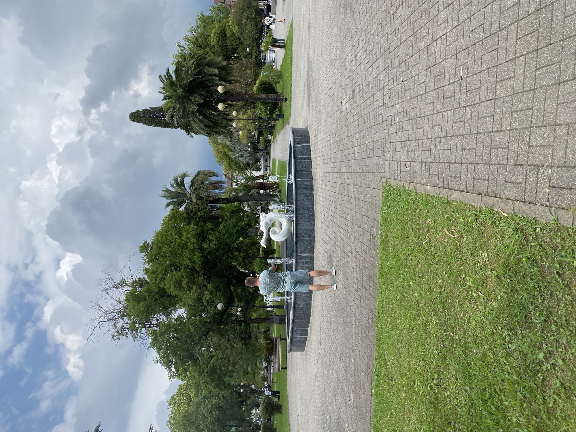 A man stands facing a white dolphin sculpture in a fountain in Sokhumi, Abkhazia, holding a mobile phone to take a picture. The fountain is circular with a dark stone basin and water jets. The man is wearing a green patterned t-shirt and light blue shorts. The fountain is surrounded by a paved walkway and a grassy area. In the background, there are lush green trees, including palm trees and a tall cypress, along with streetlights and parked cars. The sky is overcast with dramatic clouds. A few other people are visible in the distance walking along the paths.