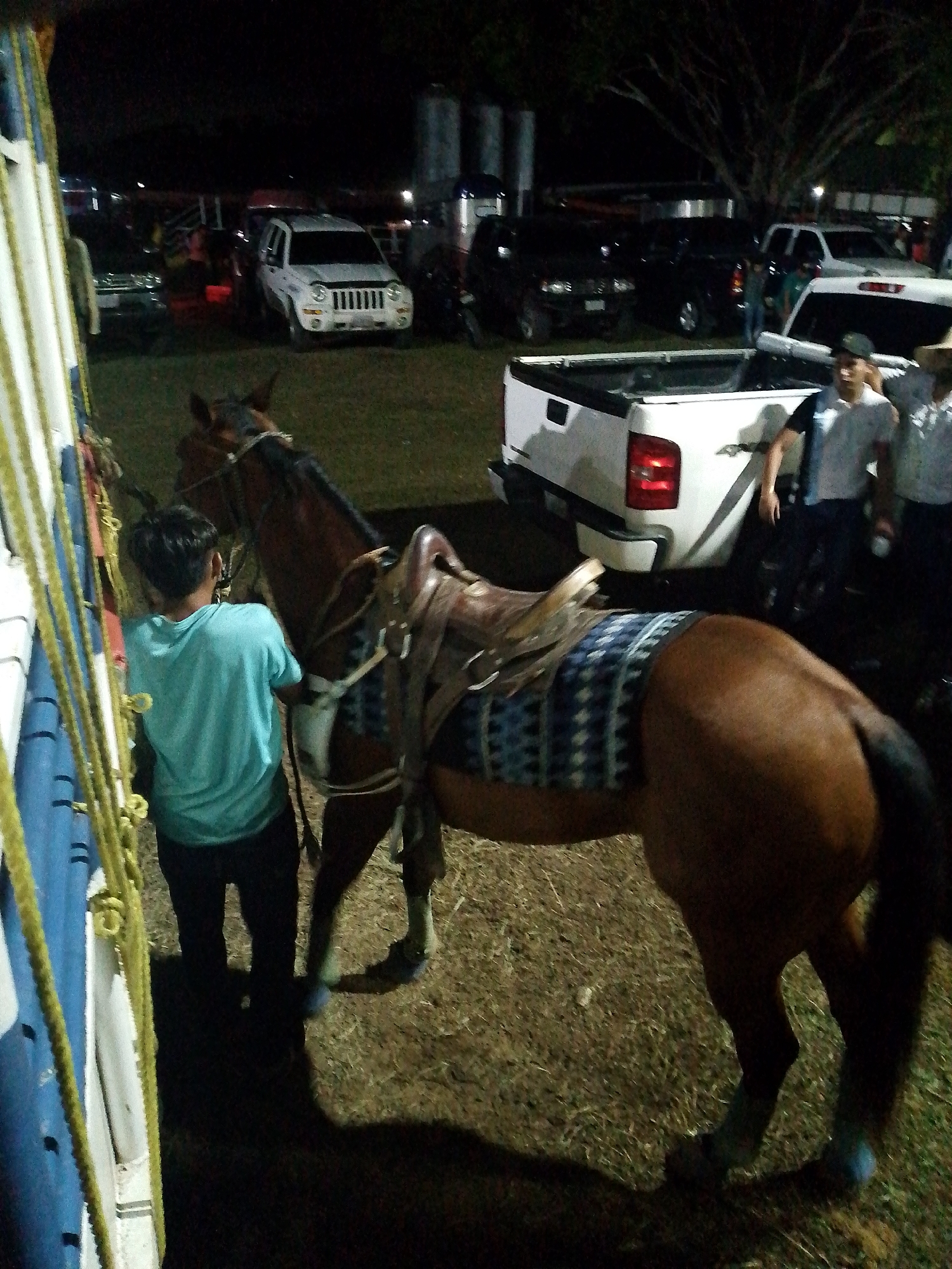 The image, taken at night in Tinaquillo, Venezuela, depicts a horse saddled and standing on a grassy area. A person wearing a light blue shirt and dark pants stands next to the horse, facing away from the camera. In the background, several vehicles, including a white Jeep and a white pickup truck, are parked. Several individuals are near the truck, their details obscured. The lighting is dim, and some unidentified objects are visible in the background.
