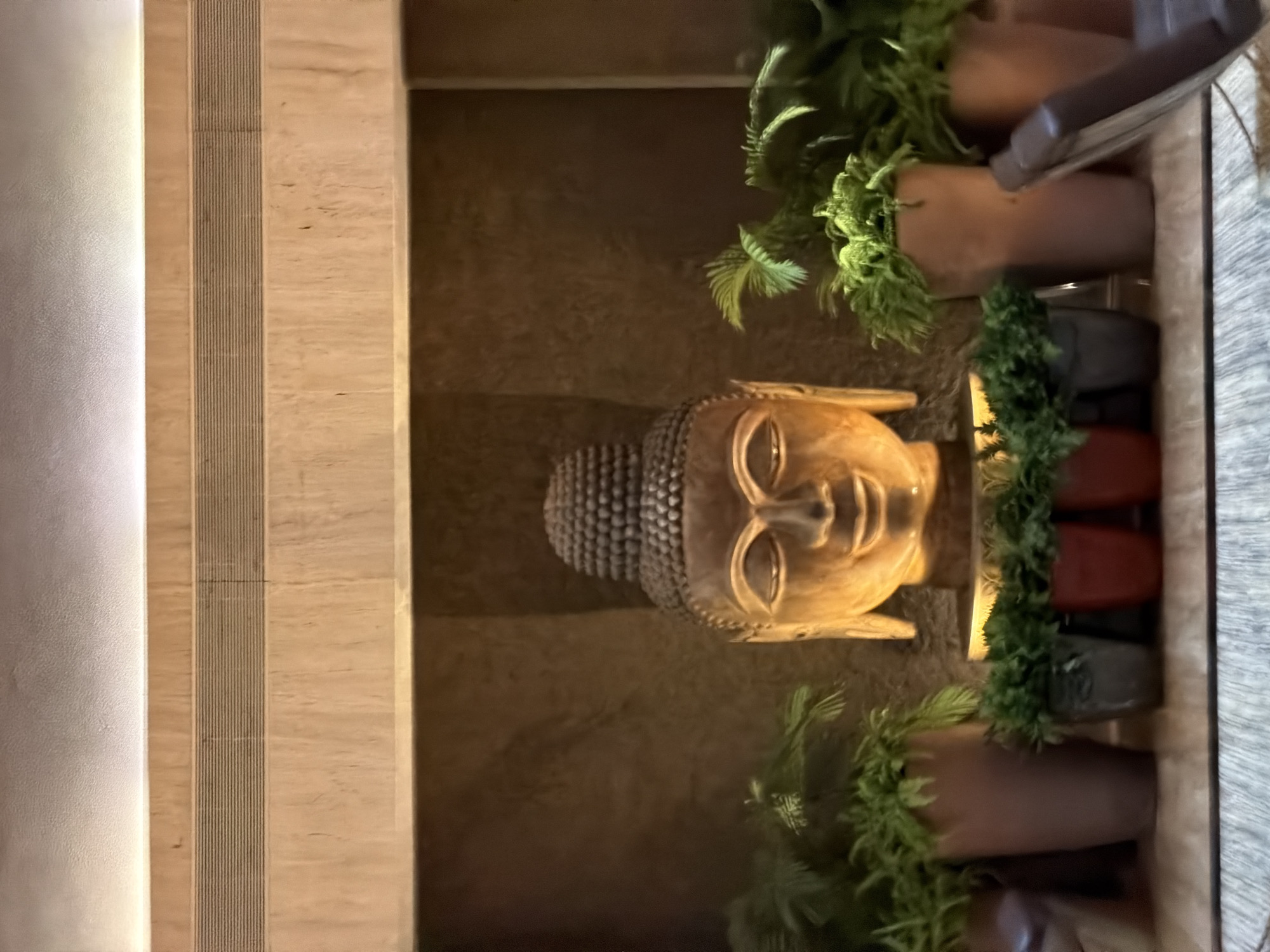 The image shows a Buddha head sculpture, illuminated from behind, placed in a decorative recess. The sculpture is gold-toned and detailed, with a serene expression. It is flanked by potted green plants of varying sizes and types. The background appears to be a textured, dark wall, possibly stone or concrete. The recess is framed by wooden panels with horizontal grooves, and above it, a plain ceiling with a strip of light. The scene is lit with warm, ambient lighting, suggesting an indoor setting, possibly a hotel lobby, spa, or a tranquil space in a restaurant. The scene is devoid of people and actions. The image is taken from a slightly low angle, looking upwards towards the sculpture.