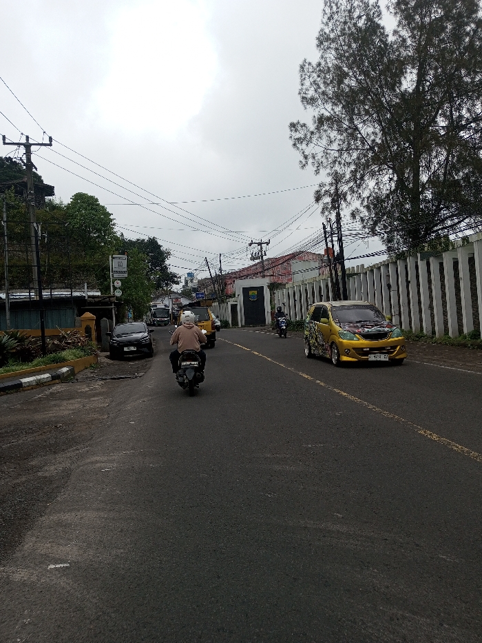 The scene is a public roadway under an overcast sky, located in Neerveli, Sri Lanka. An asphalt road with a double yellow center line stretches into the distance.
On the right side of the road, a gold-colored minivan, heavily customized with dark green, black, and white graphic decals on its side, is driving towards the viewer. Its license plate reads F 9338 KY. Behind the minivan, a tall concrete fence composed of vertical panels runs along the roadside, partially obscuring a large, slender tree with sparse foliage. Further down, a building with a dark entrance and a visible crest or emblem on its wall is observed, followed by additional structures with red roofs. Numerous utility poles with extensive overhead wiring are present on this side.
In the left lane, moving away from the viewer, an individual wearing a beige or light brown long-sleeved top and a white helmet is operating a black scooter. Ahead of this scooter, a yellow van is partially visible, also moving away. Further in the distance, a second individual on a blue scooter is also moving away from the camera on the right side of the road. A black sedan or small SUV, with license plate D 1686 KY, is parked on the left shoulder, facing away from the viewer.
The left side of the roadway features a concrete curb, a small landscaped area with yellow-painted elements, and several utility poles with dense networks of overhead wires. Beyond these, structures, including a building with a dark roof and varied foliage, are present. A signpost displaying multiple small signs is visible near the parked black car.