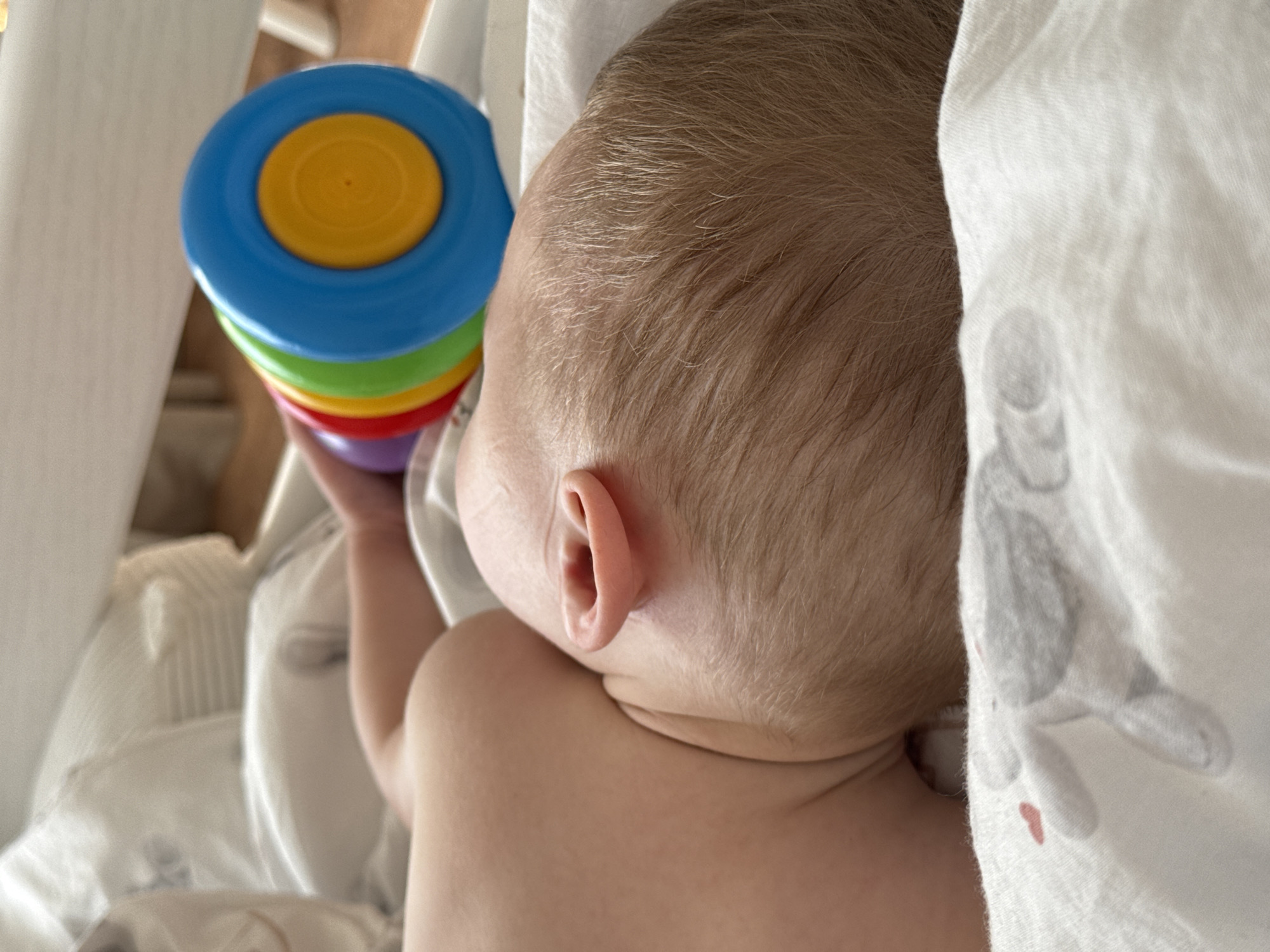 A baby is lying on its back in a crib. The baby's head is turned to the right, and its right ear is visible. The baby is holding a stack of colorful plastic rings in its right hand. The rings are in the colors blue, green, yellow, orange, red and purple. The crib is covered with a white sheet with a gray bunny print. The location is unknown.
