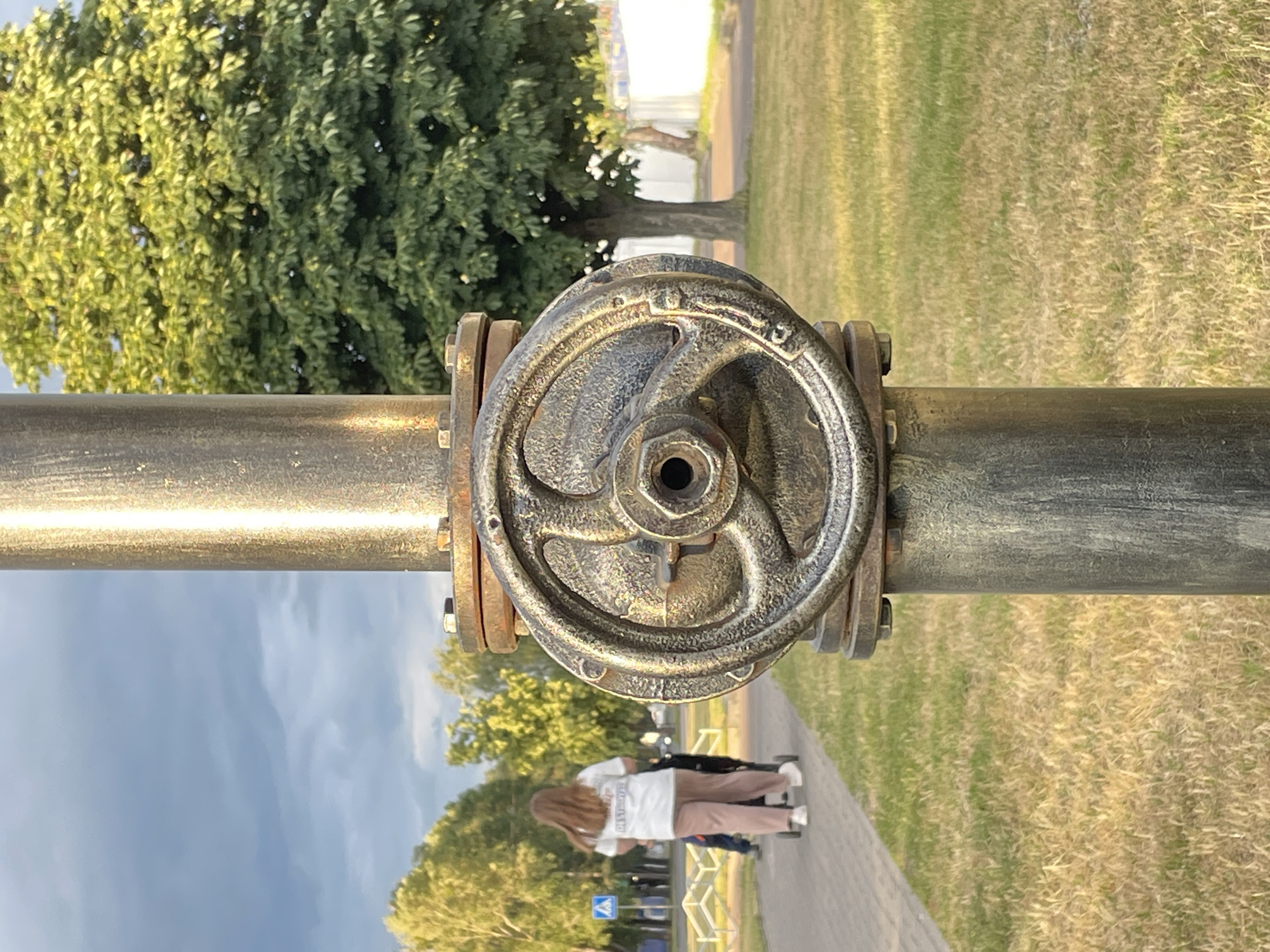 A close-up, eye-level shot focuses on a metal valve wheel attached to a vertical pipe. The valve wheel is ornate, with three spokes and a central circular opening. The pipe is dark gray with a metallic sheen, and the valve is attached with bolted flanges. The background reveals a blurred outdoor scene. To the left, a person with long, light brown hair, wearing a white t-shirt and pink pants, pushes a stroller along a paved walkway. A blue and white pedestrian crossing sign is visible further down the walkway. Behind the walkway, a line of trees with green foliage is apparent. To the right, a large tree with lush green leaves dominates the middle ground. Beyond the trees, a white fence is visible, and the sky above is overcast with gray clouds. The ground in the foreground and middle ground is covered in dry, golden-green grass. This scene is likely located in Brest, Belarus, possibly in a park or along a promenade.