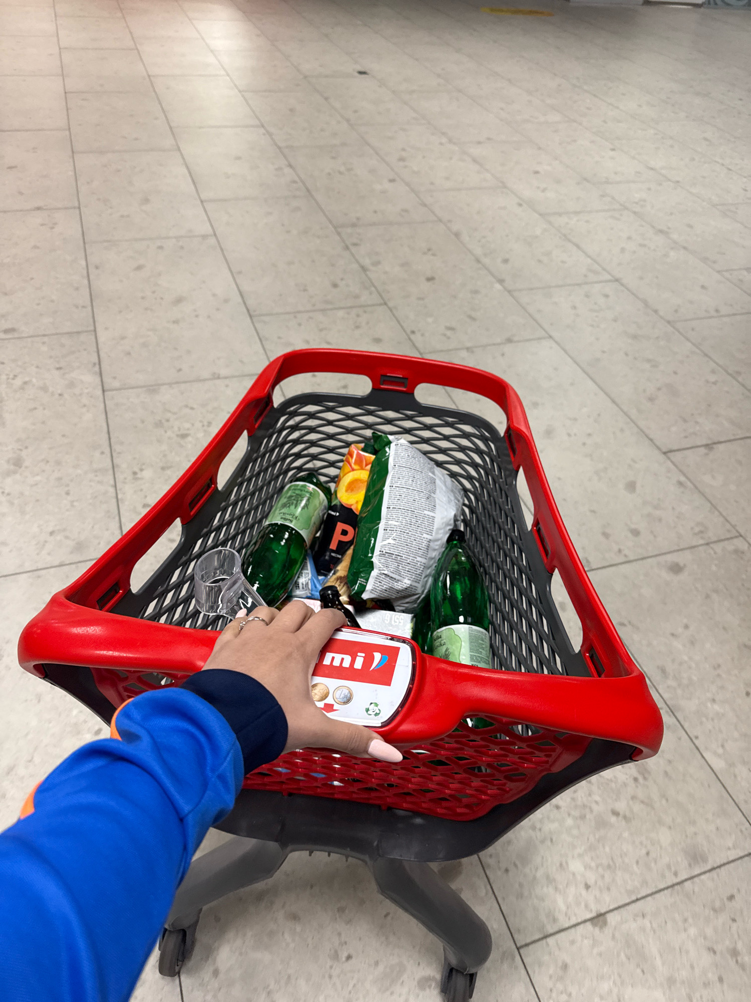 A first-person perspective shot captures a red shopping cart filled with groceries. A person's hand, adorned with a ring, rests on the cart's handle, while their blue-sleeved arm is visible in the lower left of the frame. The cart contains two green glass bottles, a bag of chips, and other packaged items. The background shows a tiled floor, typical of a supermarket or shopping center in Tallinn, Estonia. The lighting suggests an indoor environment.