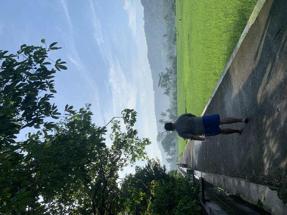 A man walks alone on a paved path next to a rice paddy field in Kecamatan Piyungan, Indonesia (latitude: -7.828, longitude: 110.484). The path is bordered by a low concrete wall and a ditch. The man wears a gray t-shirt and blue shorts and is walking towards a line of trees in the distance. The rice paddy field is a bright green and extends to a line of trees and hills in the distance. The sky is blue with a few white clouds. A large tree obscures the view to the left of the frame. The man is the only person visible in the scene.