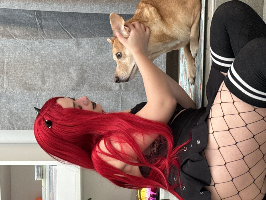 A fair-skinned individual with long, bright red hair and black horns reclines, wearing a black top and skirt, fishnet stockings, and black thigh-high socks with white stripes. They are interacting with a medium-sized, tan dog, whose head is being gently held. The dog is standing above the person, possibly on a couch or bed. A gray blanket or cushion is visible in the background, and a white shelf unit can be seen in the lower left corner.