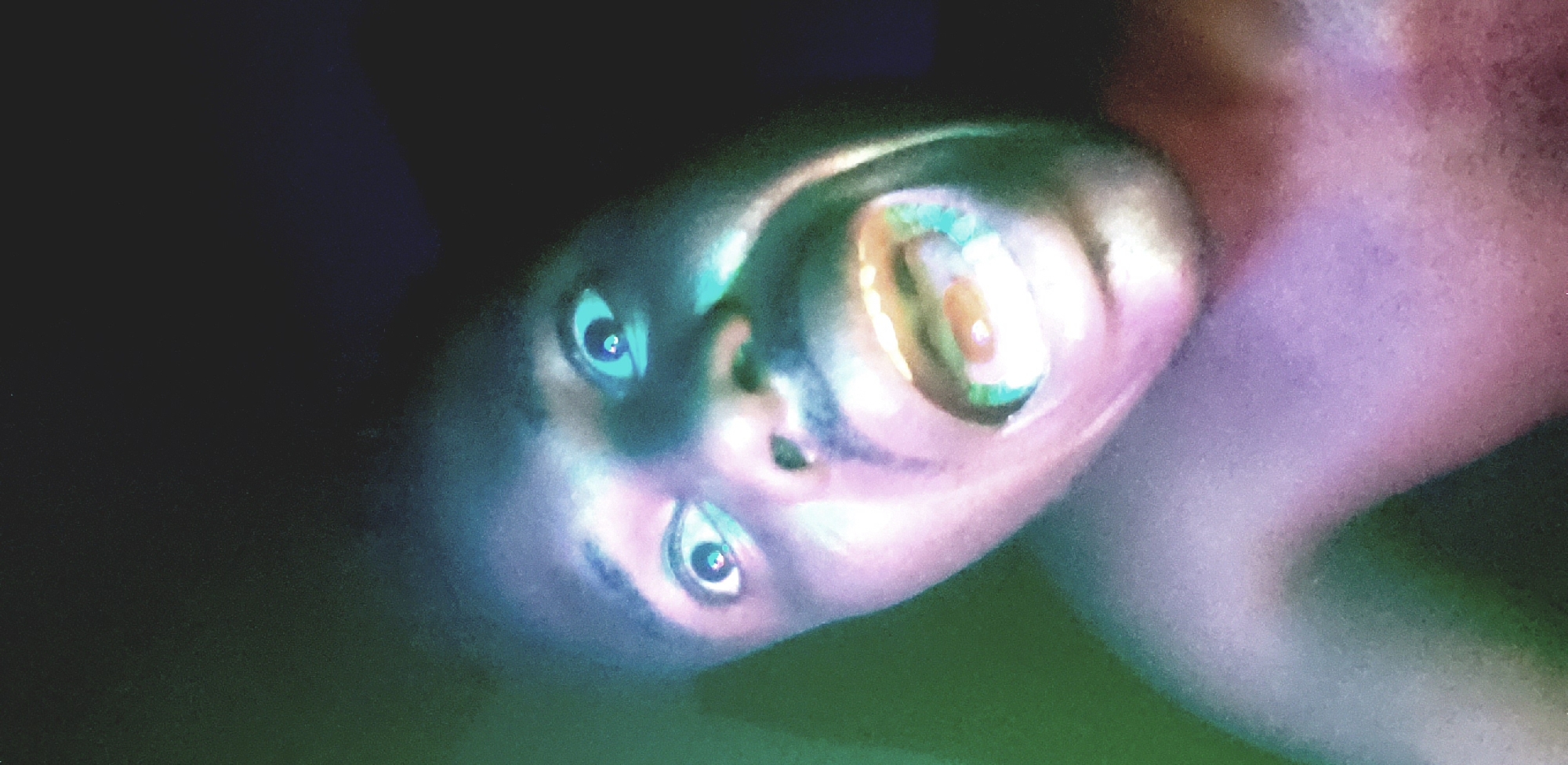 A close-up, low-angle photograph shows a person's face in the dark. The skin tone is unclear but appears to be darker, possibly African. The eyes are open and have a cyan color. The lighting is unusual, casting a mix of green, purple, and blue hues. The setting is unclear but based on the prompt it is possibly in Narayi, Nigeria.