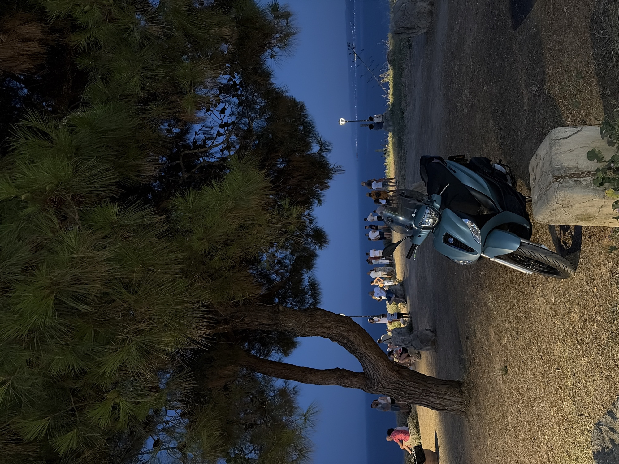A group of people are gathered outdoors, seemingly for an evening event. The scene is set by a body of water, likely the sea, which stretches out towards a horizon dotted with distant lights, suggesting a coastal town or city. A streetlight illuminates the area, casting a warm glow on the ground, which is covered in dry grass and dirt.
In the foreground, a teal-colored scooter is parked on the right side of the frame, its headlights on. To the left, a large pine tree dominates the composition, its branches casting shadows. The tree has a thick, textured trunk and numerous pine needles, some of which are dimly lit by the artificial light.
The people, dressed in casual attire, are standing and sitting in small groups along a path or promenade that runs parallel to the water. Their relaxed postures and the gathering suggest a social occasion, perhaps watching a sunset or enjoying the evening air. The time of day appears to be twilight or early evening, with the sky a deep blue.
The overall mood is peaceful and relaxed. The location cues of the sea, the dry vegetation, and the architecture style of the scooter, combined with the provided context of Kassandra Municipal Unit, Greece, suggest a Mediterranean setting. There is no visible text in the image.