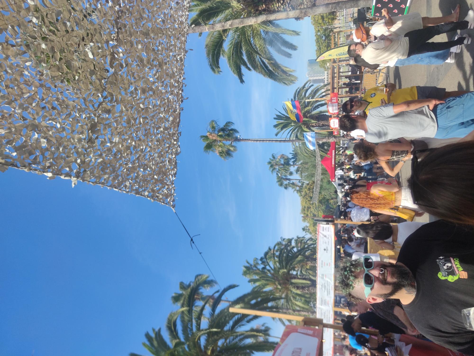 The image depicts an outdoor event, possibly a festival or market, under a bright blue sky. Palm trees are abundant throughout the scene, suggesting a warm climate. A large, patterned camouflage-like netting is stretched overhead, providing shade. A crowd of people is visible, engaged in various activities. In the foreground, a man with distinctive green curly hair, a beard, and light blue sunglasses is looking towards the camera, holding a glass. He is wearing a black t-shirt with a graphic design. Behind him, other individuals are milling about, some appearing to be vendors or attendees. Flags, including what appears to be the Ecuadorian flag, are visible in the background, hoisted on poles. Various stalls and structures, possibly for food or merchandise, are set up. The overall atmosphere appears to be lively and social, with people dressed in casual summer attire.