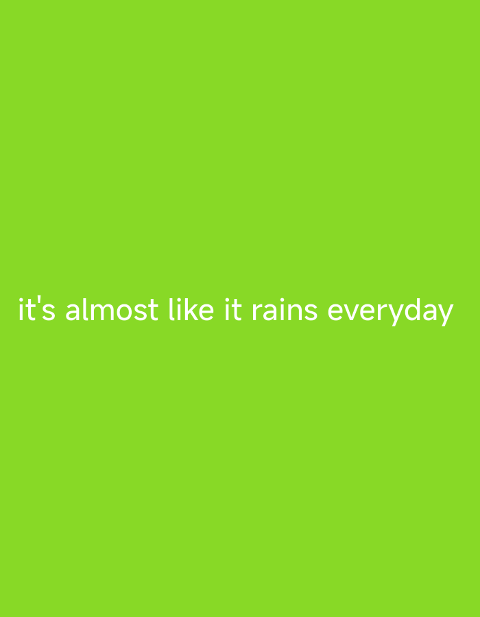The image displays white text on a bright green background. The text reads "it's almost like it rains everyday". There are no people, subjects, objects, actions, interactions, or environmental features visible in the image.