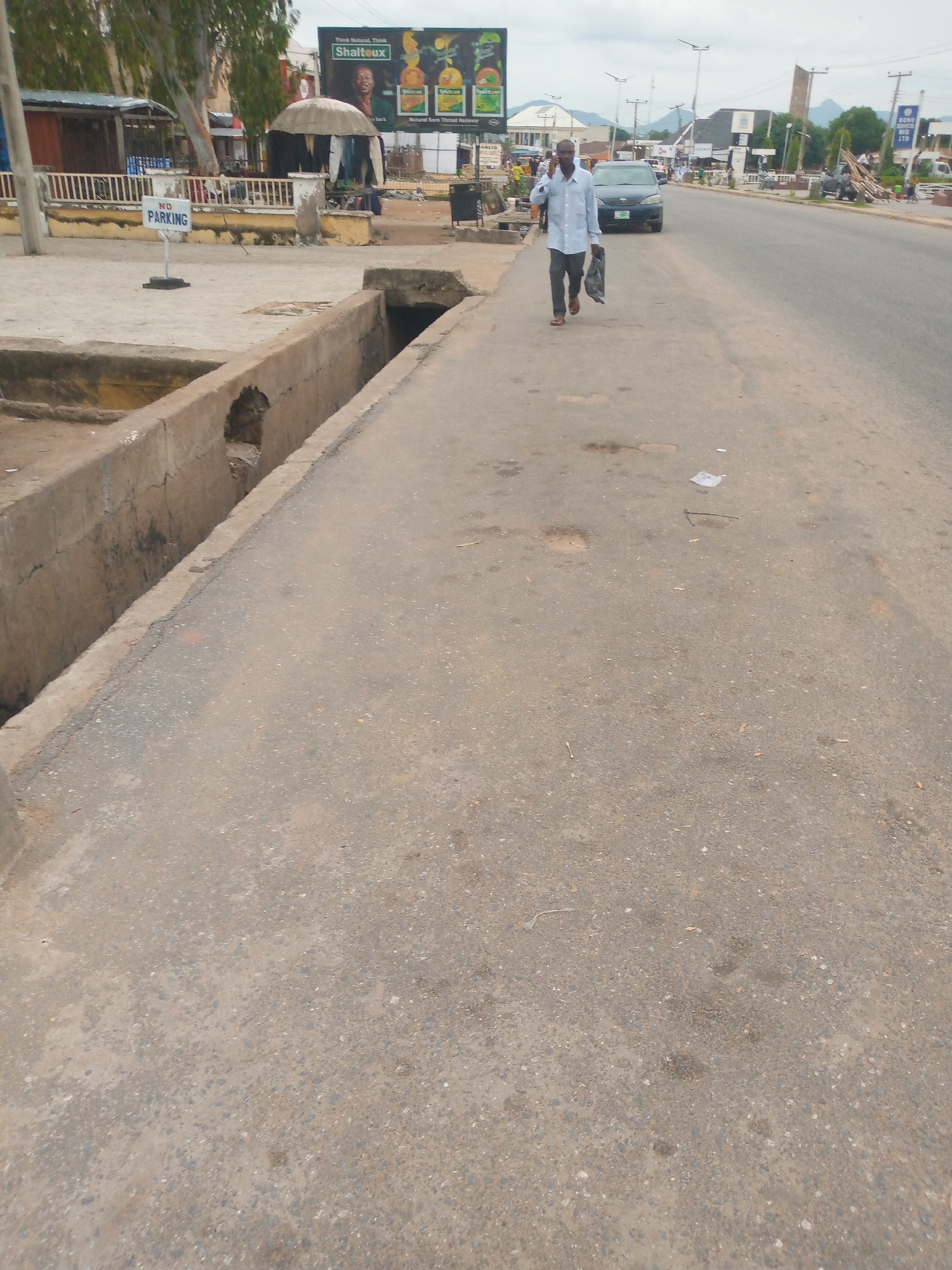 The image captures a street scene in Jalingo, Nigeria, under an overcast sky. A man, dressed in a light blue long-sleeved shirt and dark trousers, walks along the asphalt road carrying a black plastic bag. He appears to be talking on his phone, held to his left ear. To the left of the road, a concrete drainage ditch runs parallel, its opening partially visible. Further to the left, a "NO PARKING" sign stands on a pole. Beyond the sign, there are small market stalls or shops, one with a blue awning and another with a grey umbrella canopy. A billboard advertising "SHALTOUX" is visible in the background, featuring images of fruit and a person. The overall impression is a typical day in a Nigerian town, with everyday activities taking place on the roadside.