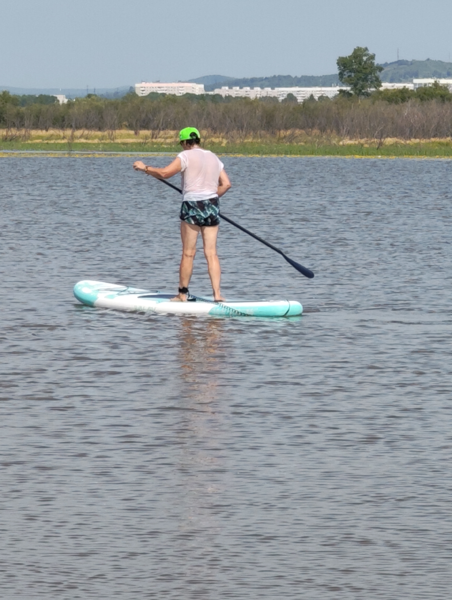 An individual wearing a green cap, white t-shirt, and black and green patterned shorts stands on a paddleboard in a body of water. The person is holding a paddle, appearing to be in motion. The paddleboard is white with a turquoise stripe. In the background, there is a shoreline with trees and buildings, suggesting an urban or suburban setting. The sky is clear and blue. The water is calm with ripples.