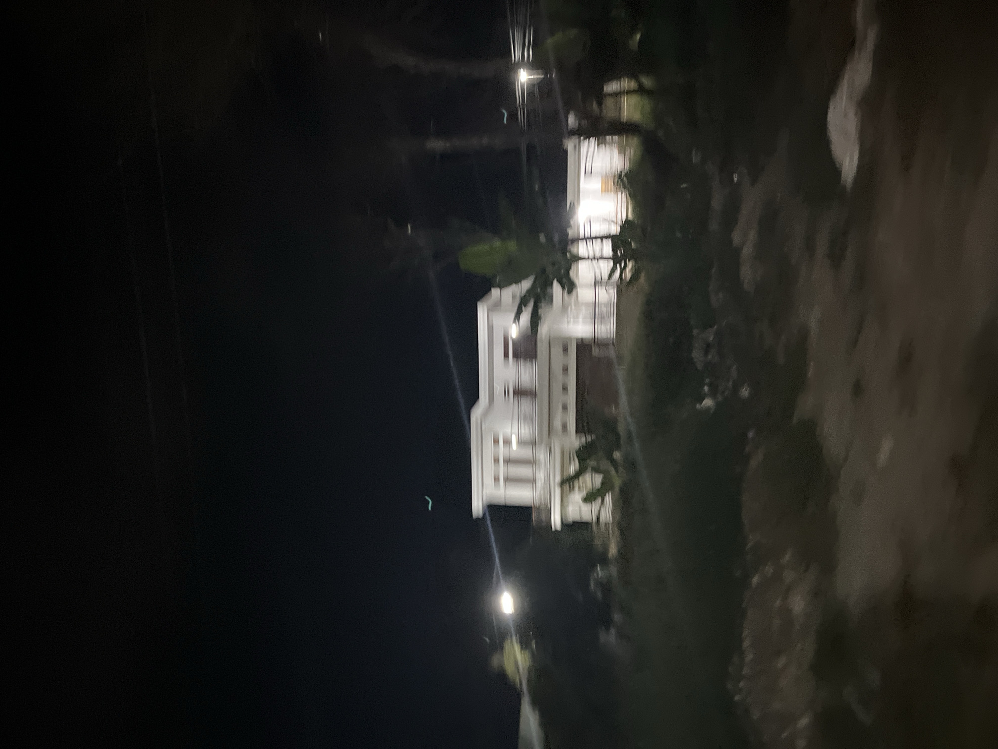 This is a vertically oriented, night-time photograph taken in Menanggini, Indonesia. The main subject is a multi-story white building, likely a house, illuminated from within and by an external light source. The building appears to have multiple windows and balconies, suggesting a substantial structure. In the foreground, to the right of the house, there is a patch of dark, unkempt vegetation and what looks like a dirt path or uneven ground. To the left of the house, the scene is dominated by darkness, with a single streetlight visible in the lower part of the frame, casting a glow on the surroundings and a thin, faint light streak in the sky. The overall impression is of a quiet, residential setting at night. The image is somewhat blurry due to low light conditions and potential camera shake, with motion blur visible in the vegetation. The time of day is clearly night, and the weather appears to be clear, with no visible rain or fog. There are no people or specific events depicted in the image. No text is visible.