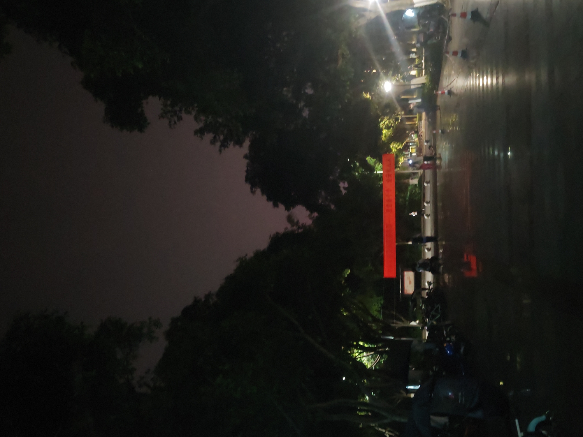 The image depicts a nighttime scene in the Chongqing High-tech Zone, China. A wet, reflective street runs through the center of the frame. Tall trees with dense foliage line both sides of the street, obscuring much of the background. A red banner is visible on the right side of the street. Streetlights illuminate the area, creating bright spots along the roadway. Several parked motorcycles are visible. A few people are present on the sidewalk, but their features are not clearly distinguishable. Orange traffic cones are placed along the edge of the street.