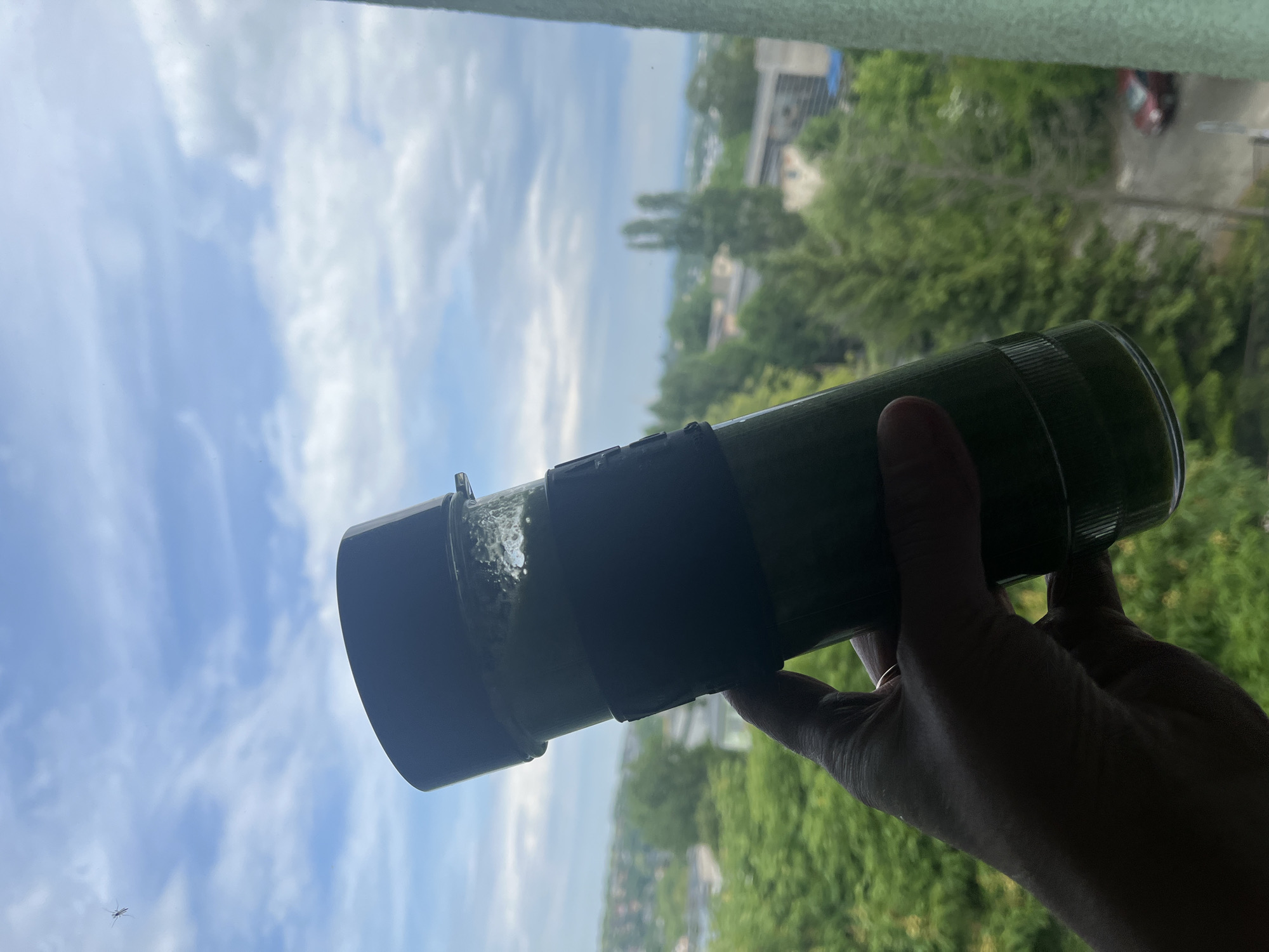 An outdoor scene is viewed through a window, captured in what appears to be a portrait orientation and then rotated 90 degrees clockwise to a landscape format. A human hand, likely an adult's, is silhouetted in the foreground, holding a dark green cylindrical bottle or thermos. The bottle has a black cap or upper section, and some condensation or liquid residue is visible near its opening. A ring is faintly visible on one of the fingers.
The background consists of a bright, daytime sky with scattered white clouds, suggesting clear and sunny weather. Below the sky, a blurry distant landscape is visible, featuring numerous green trees, several buildings, and what appears to be a street with a red car parked. A narrow, dark bar, possibly a window frame or curtain rod, runs horizontally across the top edge of the image. A small, dark insect, resembling a spider or a daddy longlegs, is clearly visible on the windowpane in the bottom left corner, silhouetted against the bright sky. No text is visible in the image.