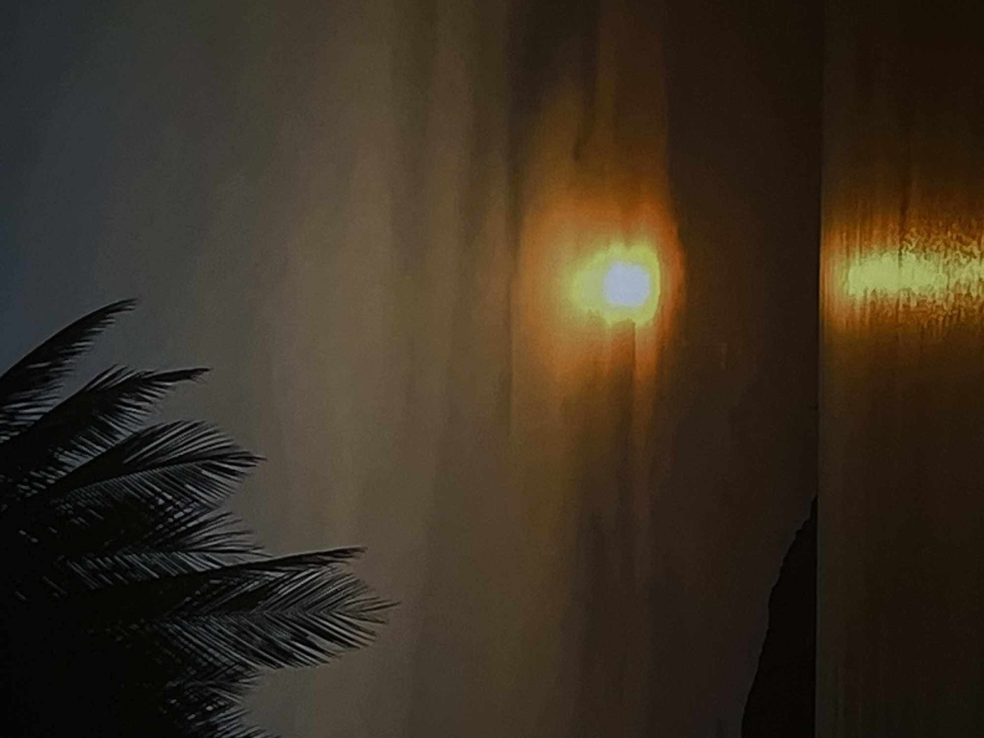 The image captures a scene with a palm tree in the foreground, silhouetted against a backdrop of what appears to be a sunset or sunrise. The sky is a mix of colors, with a bright, golden glow emanating from the sun. The right side of the image has a vertical band of light reflecting, potentially on water or a glossy surface. Given the presence of a palm tree, this could be a coastal setting. Without additional contextual information, it is not possible to definitively confirm the location in Mogán, Spain, but the scene is consistent with coastal views found in the area.