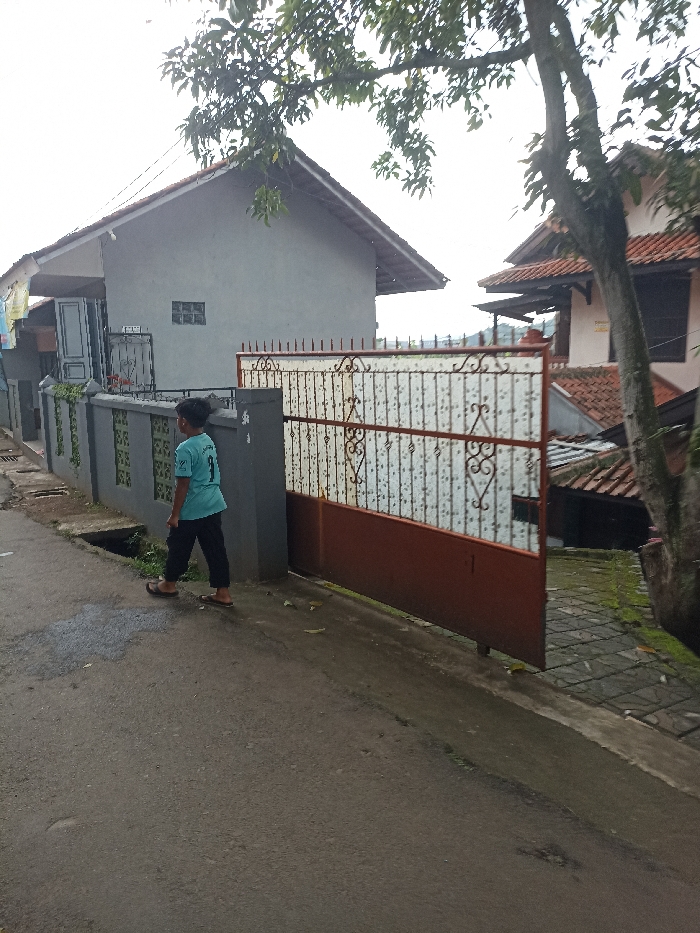 The image depicts a scene in Jatinangor, Indonesia, at the coordinates -6.937 latitude and 107.779 longitude. A young male wearing a blue shirt and black pants is walking away from the camera along a paved road in front of a house with a large, closed gate made of iron bars and metal sheet with a brown base. The house is painted a light gray, with a brown roof, and has two windows, one on each side of the front door. The gate is closed and appears to be made of metal with a white paint finish and brown iron accents. Behind the gate is a brick pathway leading up to another house that is only partially visible. There is a large tree in the background, to the right of the house. The tree's trunk is visible to the right of the gate. There is a small, open drainage ditch on the left side of the road. The scene appears to be set in a residential area. The weather is cloudy. The image was taken from a low angle, suggesting the photographer is looking towards the subject from ground level.