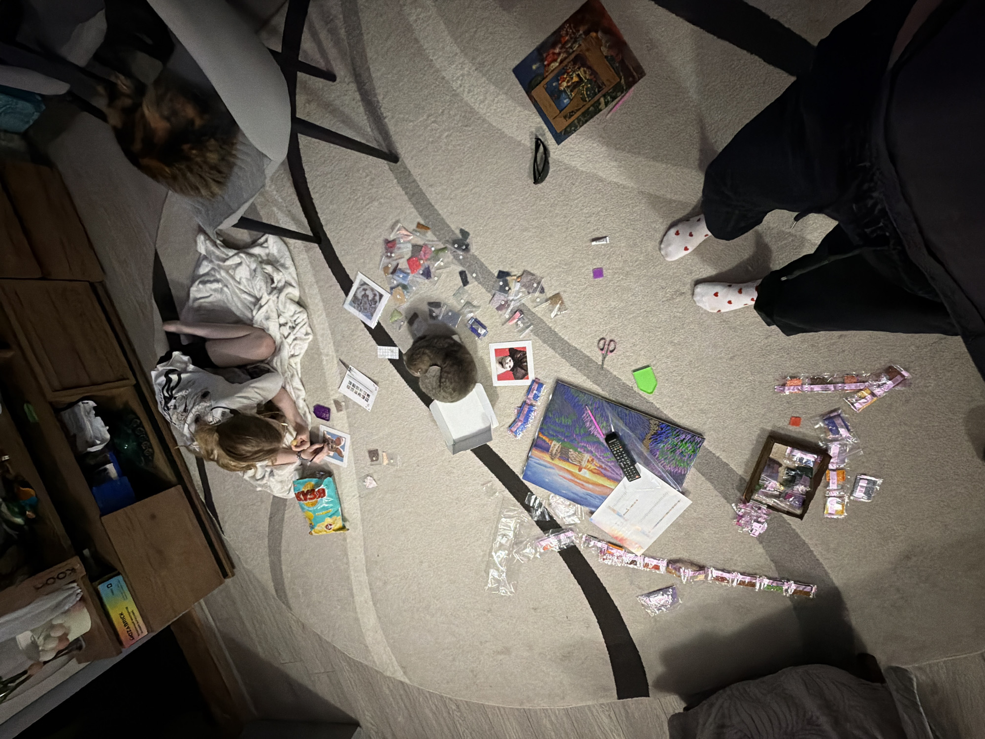 A cluttered indoor scene on a patterned carpet is depicted. A young child, wrapped in a white blanket, sits near a wooden cabinet on the left side of the image. Nearby is a brown and white cat. In the center of the carpet, a gray cat is curled up. Assorted items are scattered across the carpet, including small plastic bags containing colorful beads, a diamond painting, scissors, a remote control, and a box of potato chips ("Rusa").
To the right, a person wearing black pants and socks with red hearts is visible. Also, sunglasses and a picture book, near the top of the frame. A diamond painting canvas and assorted supplies are scattered across the floor, indicating a crafting activity is in progress. The location of this image is presumed to be Chaikovsky, Russia.