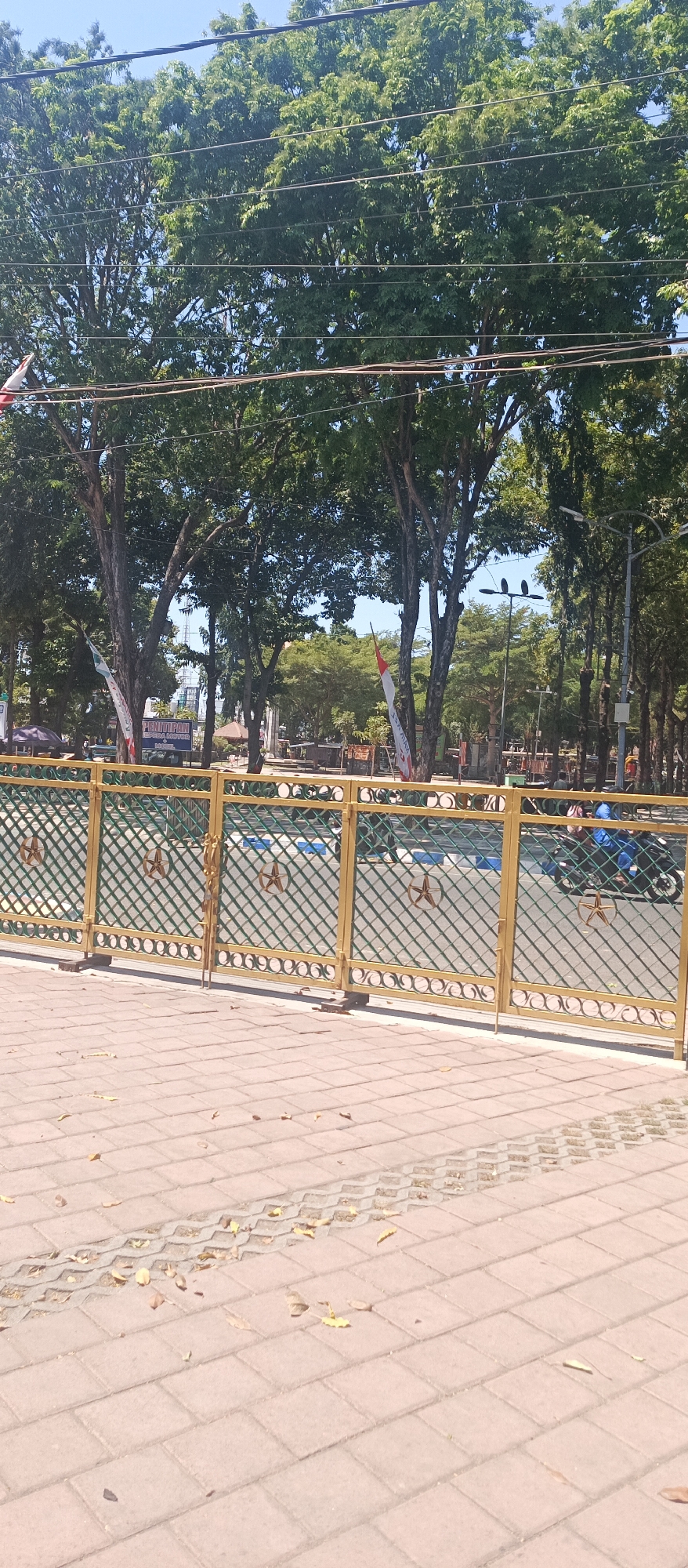 The image shows a street scene in Situbondo, Indonesia, on a clear, sunny day. A patterned, gold-colored metal fence with green mesh and star-shaped accents runs horizontally across the foreground, separating a paved walkway from a street. The walkway is made of interlocking rectangular bricks, with some fallen leaves scattered on its surface. On the street beyond the fence, a person wearing a blue jacket rides a motorcycle. In the background, a line of large trees with lush green foliage shades a public area. Indonesian flags, red and white, are visible tied to poles among the trees. Further back, several small structures, possibly stalls or kiosks, are set up. Electrical wires are strung across the sky, and a lamppost with three birds perched on it stands in the middle ground. The sky is a clear, bright blue.