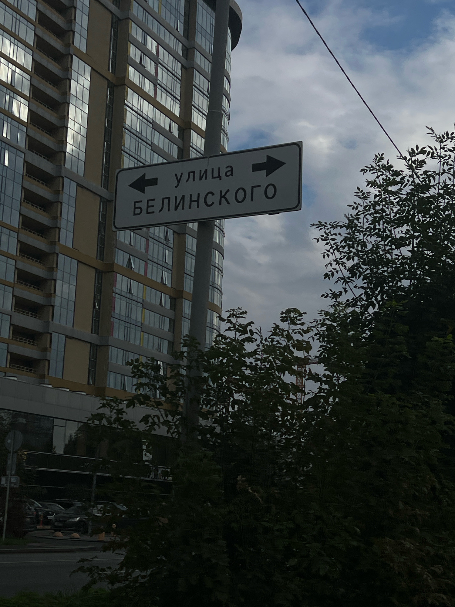 A street sign with Cyrillic text and directional arrows is mounted on a pole in front of a modern building. The sign indicates "улица" (ulitsa), meaning "street", with an arrow pointing left and the name "БЕЛИНСКОГО" (Belinskogo), meaning "Belinsky" street, with an arrow pointing right. The building appears to be a multi-story residential or office complex with numerous glass windows. The sky is cloudy. Dense green foliage from trees partially obscures the lower portion of the sign and the building. In the background, a construction crane is visible. The scene is set in an urban environment, consistent with the city of Yekaterinburg, Russia.