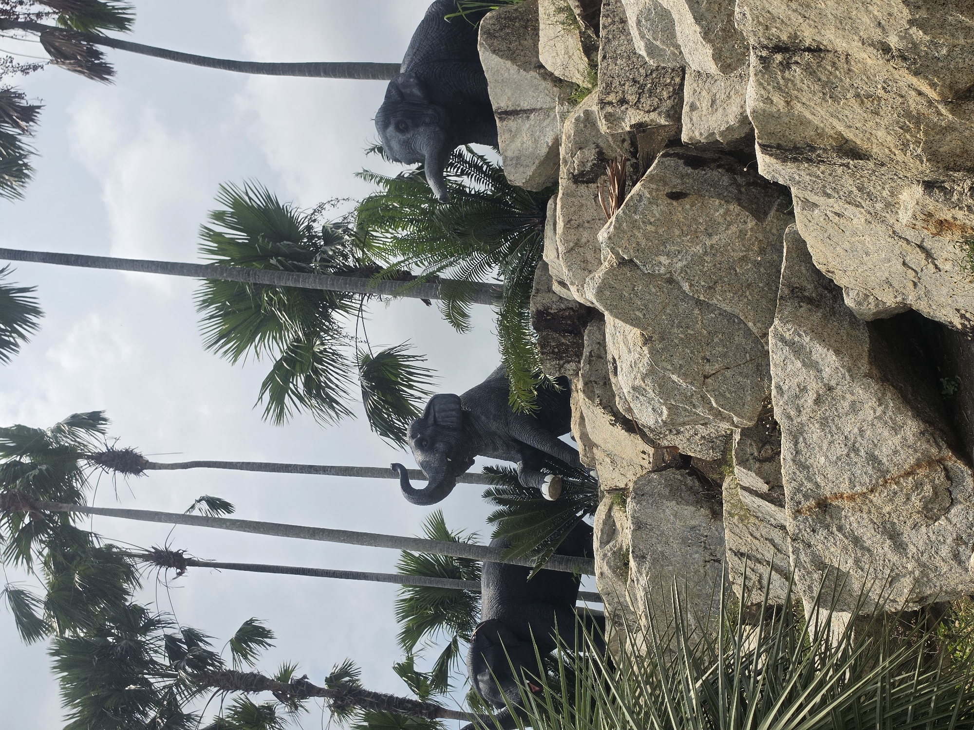 The image shows a scene in Bang Sare, Thailand, featuring a rock formation adorned with elephant sculptures. Three black elephant statues are positioned on the rocks, amidst palm trees. The backdrop consists of more palm trees against a cloudy sky. Vegetation is present at the base of the rocks.