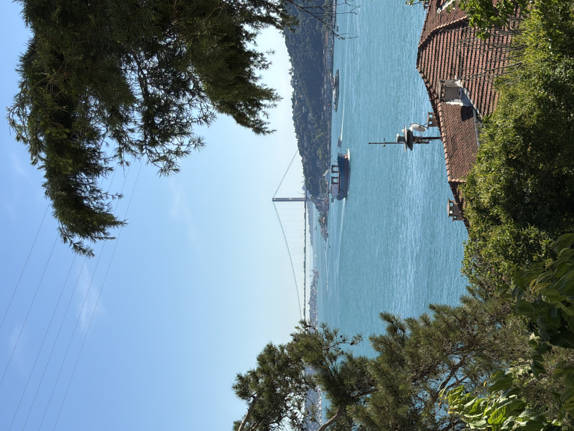 The image captures a scenic view of the Bosphorus Strait in Üsküdar, Turkey, with a suspension bridge spanning the water in the distance. A large cargo ship is navigating the strait, accompanied by smaller vessels. The foreground is partially obscured by lush green trees and foliage, with a glimpse of a tiled roof and chimneys belonging to a building on the right side. The sky is clear and blue, suggesting a sunny day. Power lines are visible overhead, crossing the frame horizontally. The overall atmosphere is serene and picturesque, highlighting the natural beauty and urban landscape of the location.