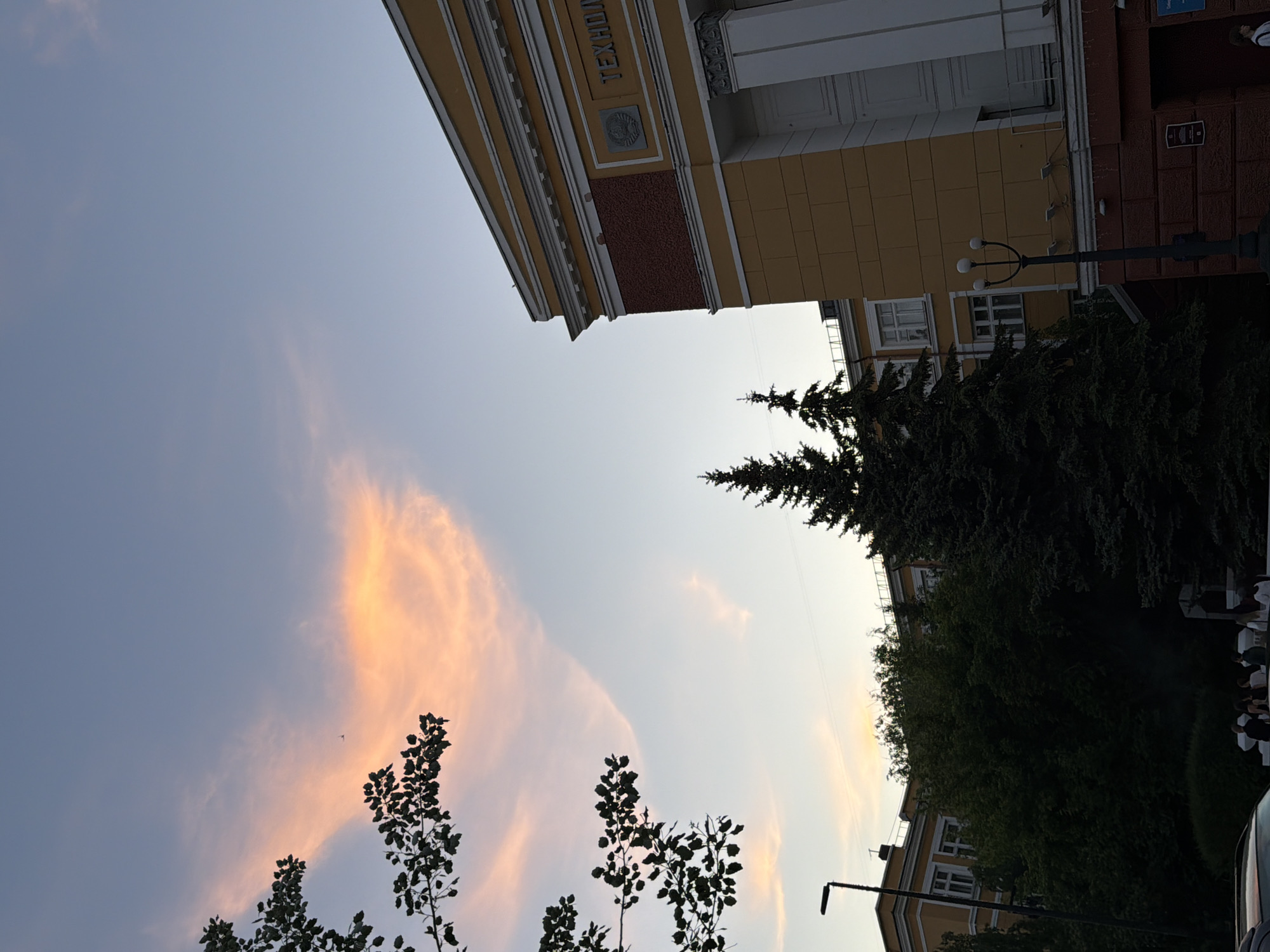 This image captures a street scene at dusk in Krasnoyarsk, Russia, featuring the main building of the former Siberian State Technological University (now part of Reshetnev Siberian State University of Science and Technology) on Mira Avenue.
The sky in the upper half of the frame displays a clear transition from light blue in the upper right to a softer blue with prominent, elongated orange and pink cloud formations in the upper left, indicative of a sunset. A smaller, fainter pink cloud is visible below the main cloud.
On the right, a large, yellow-painted building with white architectural trim dominates, featuring a grand entrance characterized by large white columns. Above the columns, a textured red-brown section is visible, and to its right, partially obscured Cyrillic text on the yellow facade reads "ТЕХНОЛО..." (TEKHNOLO...). Below this partial text, a circular emblem, likely a Soviet-era coat of arms, is centrally placed. The building's architectural style suggests a mid-20th-century construction.
In the mid-ground and lower-left, a dense mass of dark green foliage, including both coniferous trees (like spruces or firs) and deciduous trees, largely obscures other structures. A smaller, yellow building with white-framed windows is partially visible behind the foliage on the left.
Street furniture includes a tall, black streetlamp with a single light head on the far left, and another black streetlamp with three spherical lights positioned in the lower center-right, in front of the main yellow building. A portion of a dark vehicle is visible at the bottom left.
Several individuals are present in the lower-middle section, appearing as dark silhouettes behind a low, white ornamental wall or fence. They are standing or walking, mostly indistinct, suggesting a casual gathering or pedestrian activity. One person is partially visible on the far right, near the entrance of the main building. The overall lighting suggests the fading light of day, casting shadows on the foreground elements while the sky retains its color.