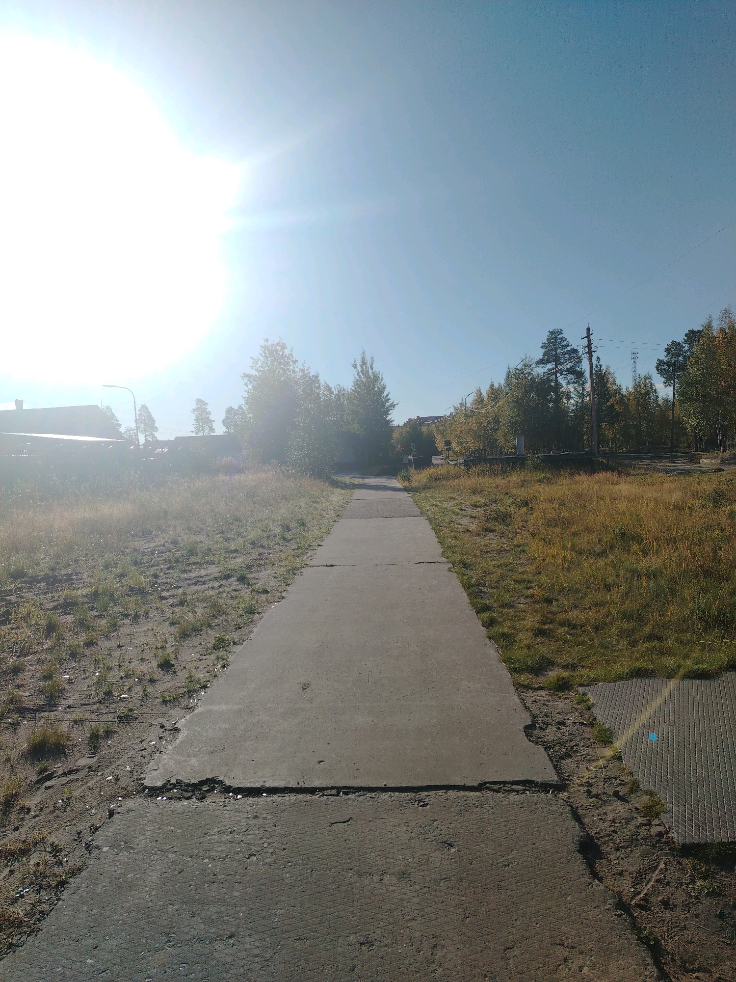 The image depicts a straight concrete walkway, slightly cracked and weathered, cutting through an open area of dry grass and dirt under a bright, sunny sky. The sun is positioned in the upper left of the frame, casting a strong glare and lens flare. On the left side of the walkway, a low-rise building with a light-colored roof is visible, partially obscured by vegetation and the bright sunlight. A street lamp stands near the building. On the right side of the walkway, a patch of dry, yellowish grass stretches into the distance, bordered by a line of trees with autumn foliage, some appearing yellow and orange. In the background, more trees and what appear to be residential buildings or structures are visible. Utility poles and wires are present in the middle ground and background, indicating an urban or semi-urban environment. The overall scene suggests a clear day in an outdoor setting, likely within a city given the presence of buildings and utility infrastructure. The location is identified as Muravlenko, Russia.