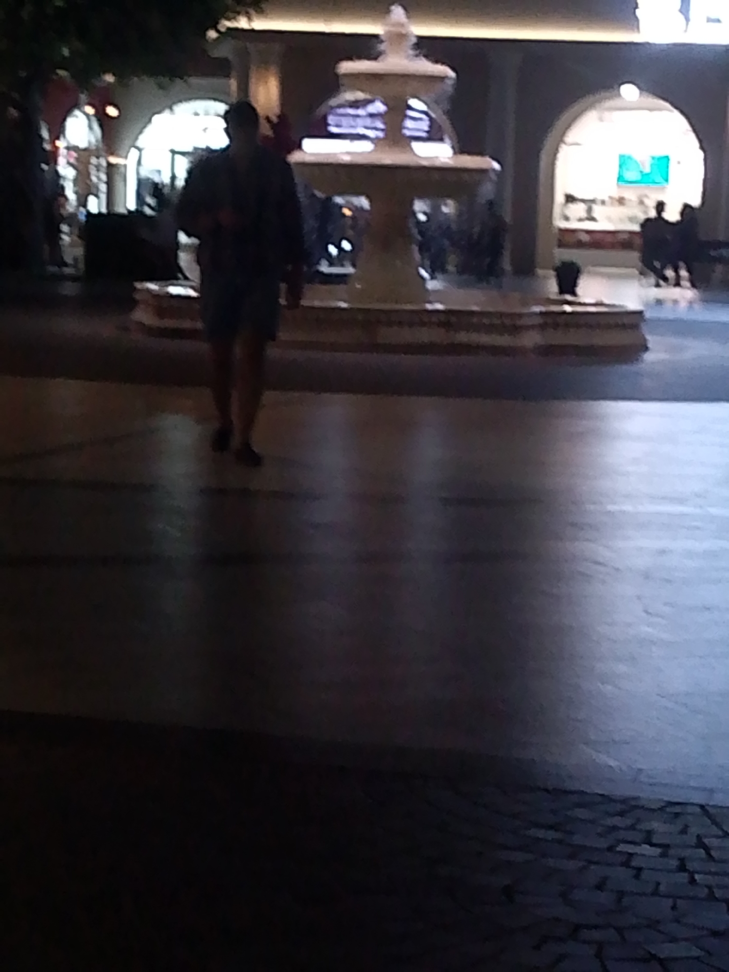 A person walks in front of a tiered fountain in what appears to be an outdoor public area. The person is wearing a dark shirt and shorts. In the background, there are arches and what looks like storefronts. The lighting suggests it is evening or nighttime. The scene is blurry and lacks specific details that would indicate its precise location within Almaty, Kazakhstan.