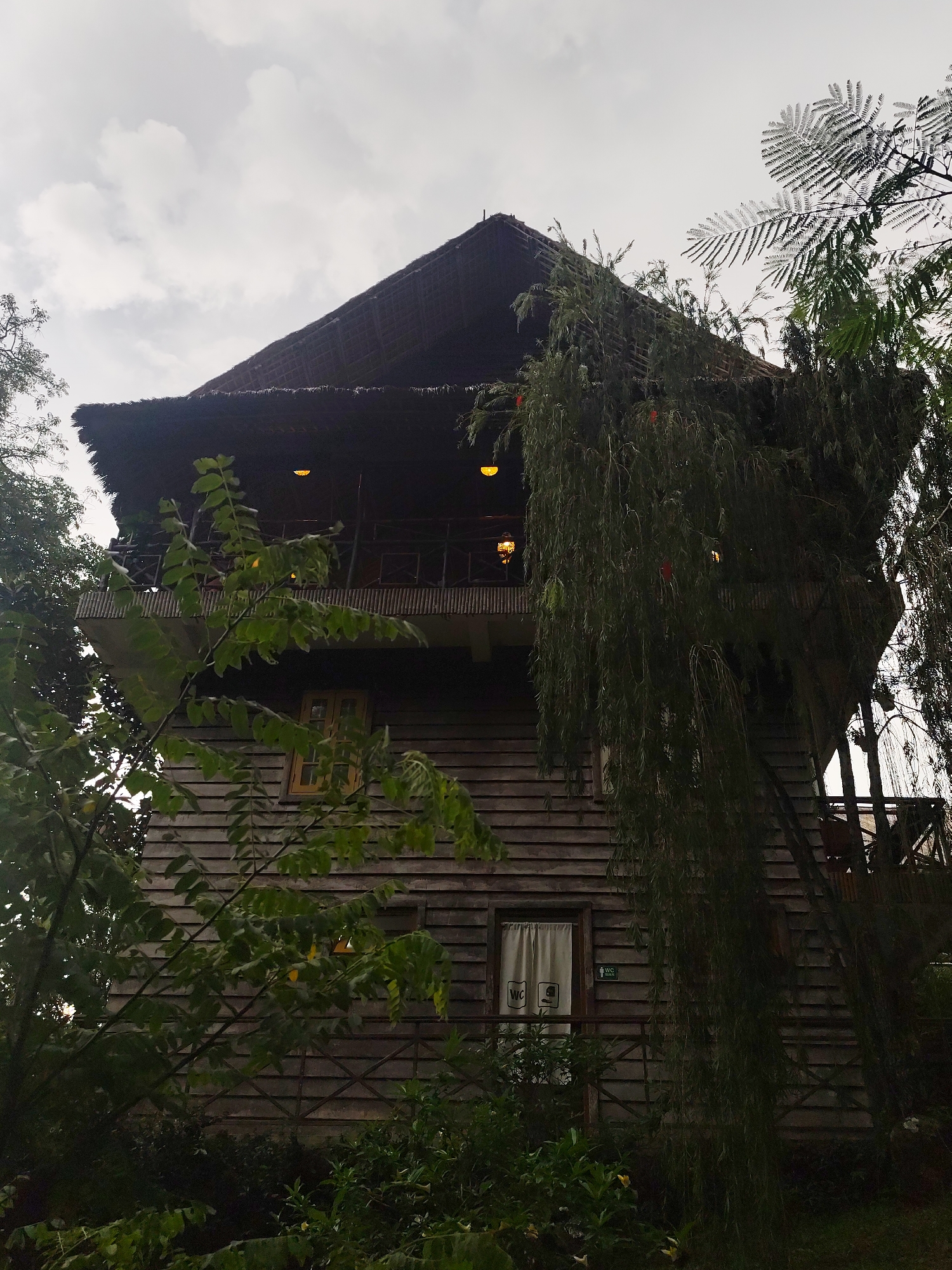 The image depicts the exterior of a wooden house, possibly a resort or guesthouse, nestled amongst lush greenery and trees. The house features a steeply pitched roof covered with thatched material. A balcony with railings is visible on the upper level, with lights illuminating the interior of that section. The walls of the house are constructed from horizontal wooden planks. A window with yellow panes is present on the upper part of the house, and another window with a white curtain is visible on the lower level. A sign indicating "WC" with gender symbols is affixed to the wall near this lower window. The surrounding environment is densely vegetated with various types of trees and foliage, some of which hang over the structure. The sky is overcast, suggesting a cloudy or potentially rainy day. This scene is consistent with the prevalent architectural style and natural surroundings found in the cooler, mountainous regions of Da Lat, Vietnam, known for its pine forests, misty weather, and numerous guesthouses and resorts. There are no people visible in the image.