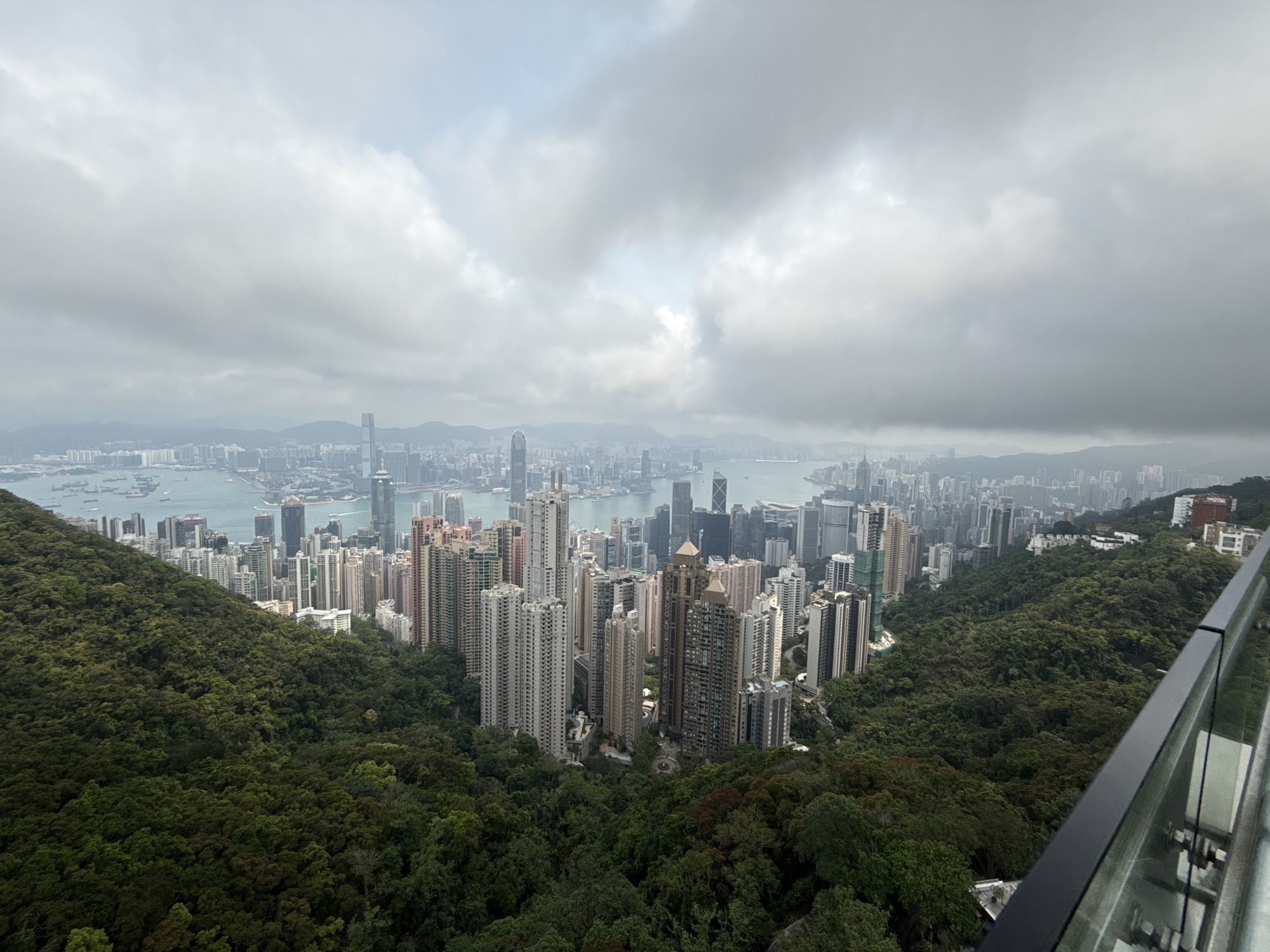 A wide, high-angle shot showcases the dense urban landscape of Hong Kong, China, under an overcast sky. In the foreground, lush, green forested hills frame the scene, with dense foliage covering the slopes. Interspersed within these hills are clusters of high-rise residential buildings, predominantly colored in shades of gray, beige, and light pink.
Beyond the hills, the city unfolds with a mixture of architectural styles, dominated by skyscrapers. The cityscape extends along the harbor, where various vessels are visible, including ships and smaller boats. Across the water, more high-rise buildings stretch into the distance, fading into the hazy atmosphere.
The sky above is heavily clouded, with a uniform gray covering the majority of the frame, muting the colors of the city below. The overall atmosphere is one of muted tones and dense urban development contrasted against natural green spaces.