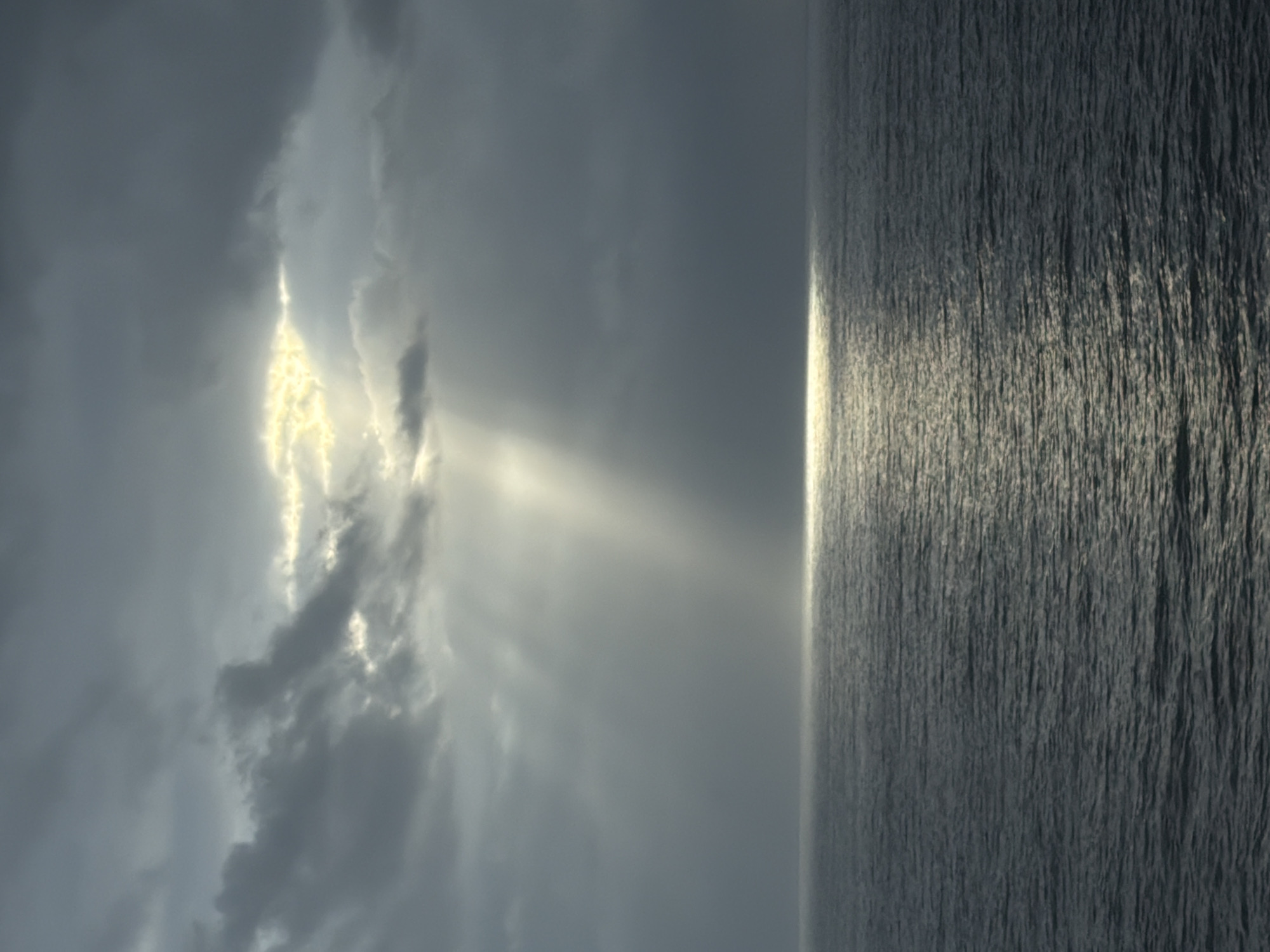 The image presents a dramatic natural scene, vertically oriented, split almost equally between a tempestuous sky on the left and a vast ocean on the right.
On the left side, the sky is dominated by heavy, dark grey clouds. A striking, narrow vertical opening or fissure is visible roughly in the middle of this cloudy expanse. Through this opening, intense, golden-white sunlight bursts forth, creating prominent crepuscular rays that extend downwards and illuminate the edges of the surrounding dark clouds with a luminous glow.
The right side of the image features a dark, textured body of water, likely an ocean or sea. Its surface is covered in countless small ripples and short waves, creating a rough, dynamic pattern. A distinct, bright vertical line of light shimmers intensely along the boundary between the water and the sky. This is a sun glint, reflecting the light from the cloud opening directly onto the water's surface, creating a radiant path down the entire length of the image.
The sharp, straight vertical line separating the sky and the water acts as a horizon. The overall color palette is dominated by deep greys and dark blues in the clouds and water, with a stark contrast provided by the brilliant golden-white sunlight. The scene evokes a powerful sense of awe and natural drama, possibly depicting the sun breaking through after a storm over open waters. There are no visible people, objects besides natural elements, or text. The time of day is ambiguous but suggests a period of dramatic lighting, like dawn, dusk, or a momentary break in heavy cloud cover.
