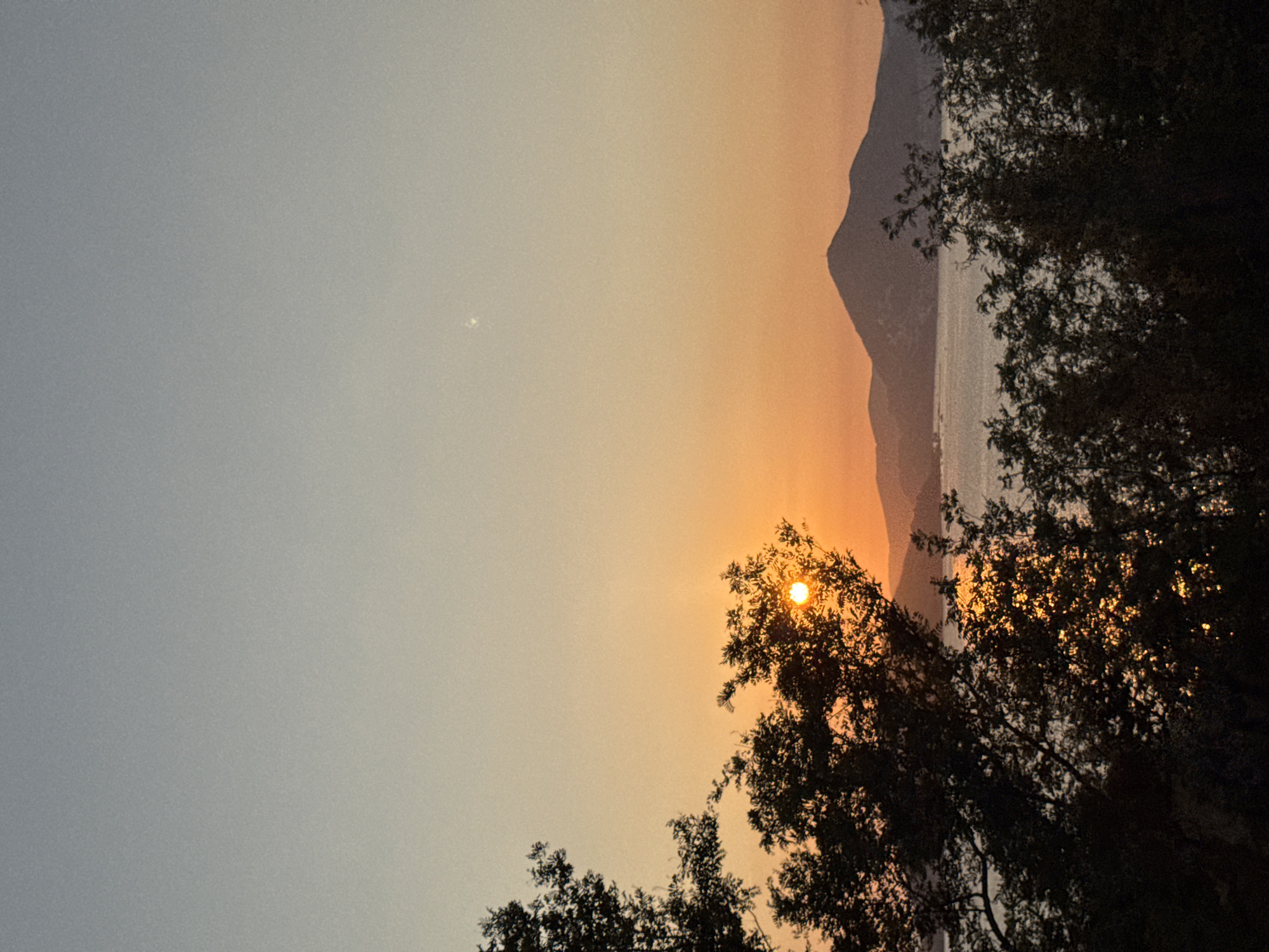 This is a vertical, eye-level, full-shot photograph taken at sunset in Sveti Stefan, Montenegro. The sky is a gradient of pale blue at the top, transitioning to warm orange and yellow hues near the horizon. A faint, pale circular object, likely Venus or a distant cloud, is visible in the upper right quadrant of the sky. In the middle ground, a body of water, possibly the Adriatic Sea, reflects the warm tones of the sunset. Silhouetted against the water and sky are several dark, leafy trees in the foreground. To the right of the central trees, the sun is partially visible as a bright, orange disc, its light glinting off the water. In the background, a mountain range is silhouetted against the horizon, with a small, pointed structure visible atop the tallest peak. The overall scene depicts a tranquil sunset over the sea and mountains, with the lush foliage of Sveti Stefan framing the view.
