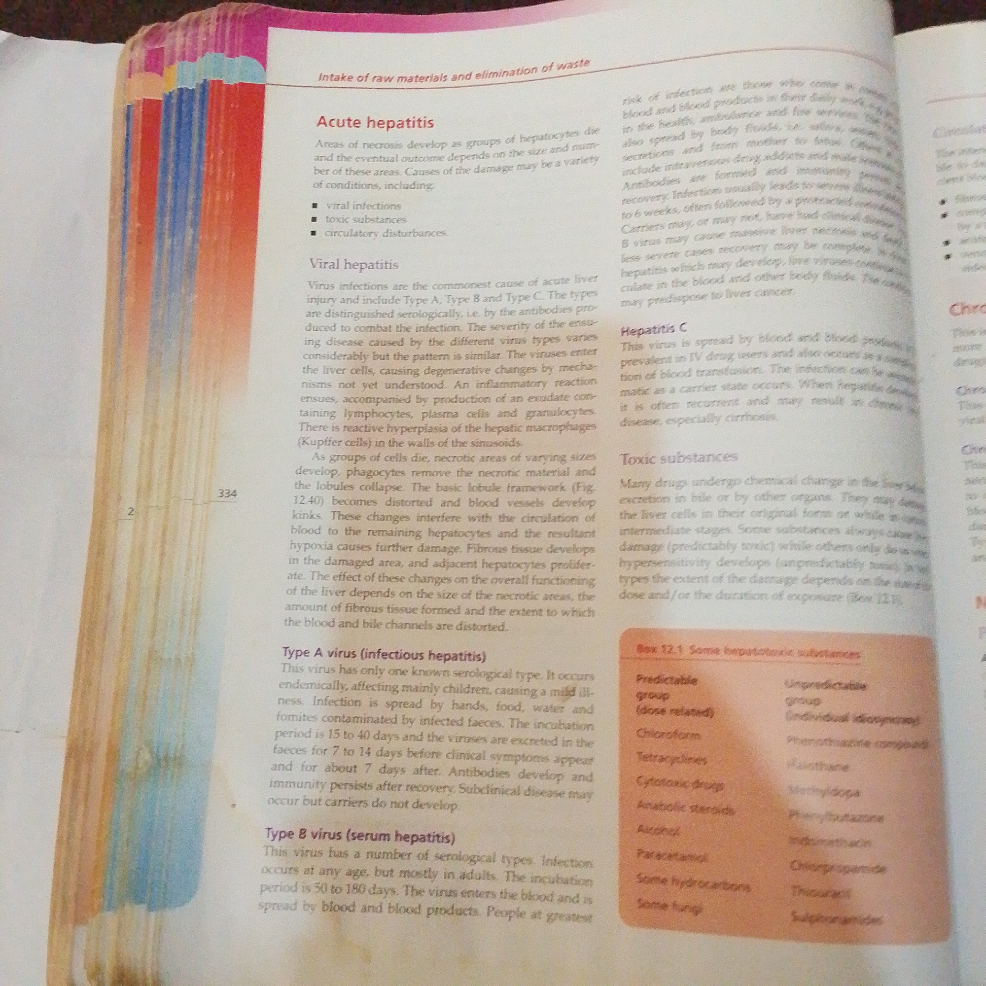 This media file is a close-up shot of an open book, revealing a page with text and colorful illustrations. The page itself is white, with black text printed in columns. The illustrations are a series of vertical, abstract stripes in various shades of orange, pink, yellow, blue, and green, appearing to be the edges of other pages in the book.
The text discusses "Acute hepatitis" and "Viral hepatitis," with subsections detailing "Type A virus (infectious hepatitis)" and "Type B virus (serum hepatitis)." There is also a section on "Toxic substances" and a box titled "Box 12.1 Some hepatotoxic substances." The page number "334" is visible, along with a smaller number "2".
The setting appears to be an indoor environment, possibly a library or study area, given the presence of a book. There are no people, specific objects other than the book, or discernible time of day or weather. The overall mood is academic and informative, focused on medical information. The image does not provide any clues about its location context in Jalingo, Nigeria.