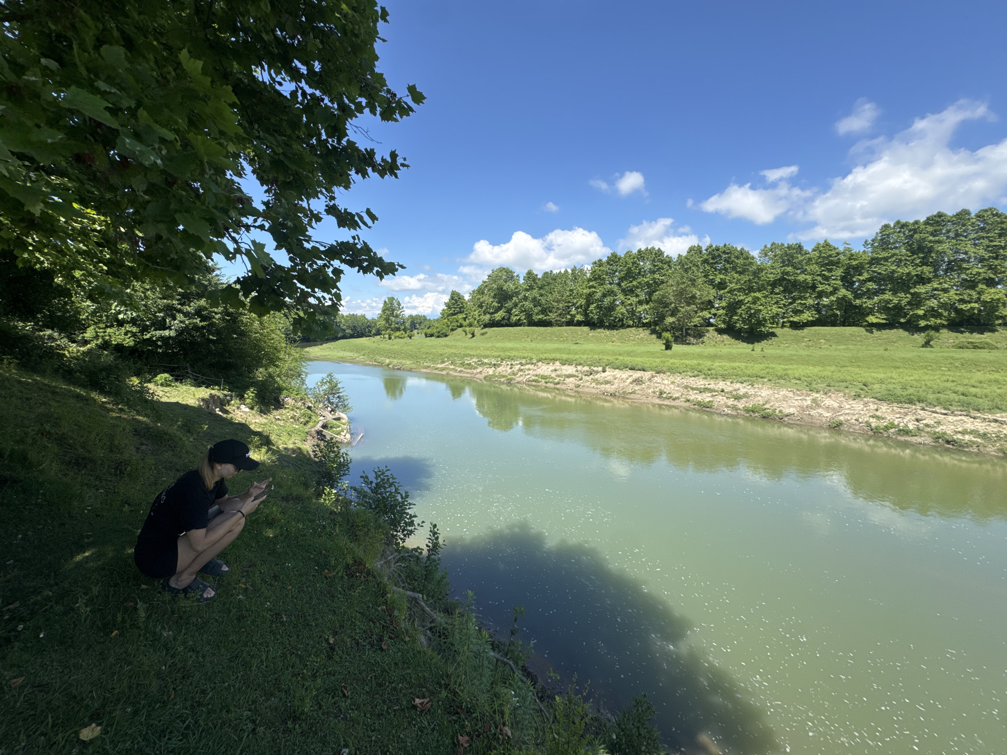 A person wearing a black cap and black t-shirt is squatting on the grassy bank of a river. The person is holding a cell phone in their hands. The river is wide and calm, reflecting the blue sky and clouds above. Dense green trees line the opposite bank of the river, with a clear blue sky overhead. The sun is shining, casting shadows on the grass. The scene appears to be in a natural setting, possibly a park or a rural area. The image does not provide enough information to definitively place the location in Darcheli, Georgia, or any specific city.