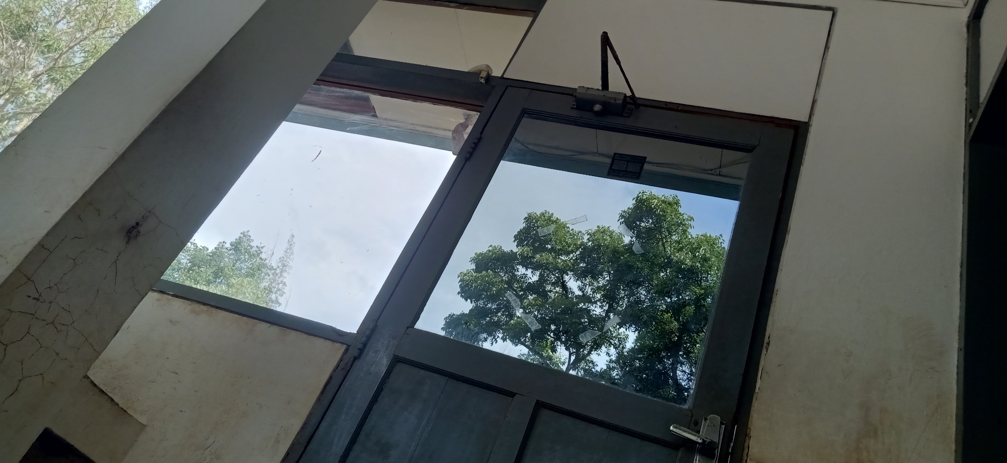 The media file depicts a section of a building's exterior, focusing on a large, dark-colored door with a glass panel and a smaller, adjacent window. The door is a double door and has a silver handle. Above the door, a hydraulic door closer is visible. The glass panel of the door reflects the sky and lush green trees, suggesting an outdoor setting. The window to the left also offers a view of trees and the sky. The building's structure is visible, with parts of the walls painted in a light, off-white color. One of these walls shows signs of cracking and wear. The time of day appears to be daytime, with bright natural light and a clear sky, indicating fair weather. The scene is likely an entrance or part of a building in a tropical or subtropical area, given the foliage. There is no visible text in the media file.