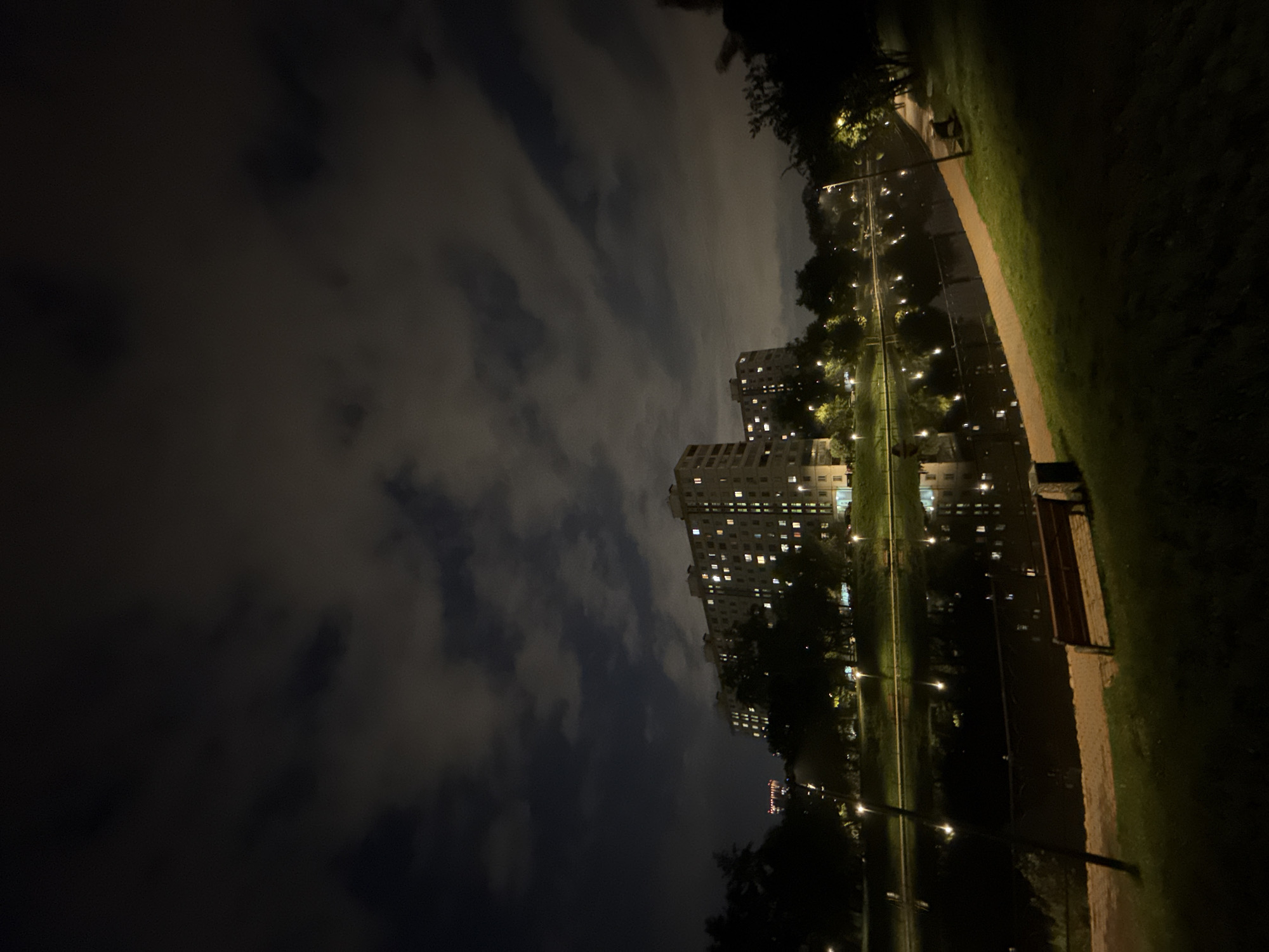 This nighttime photograph, taken in Moscow, Russia, depicts an urban landscape combining residential buildings with a park-like green space under a cloudy sky. The image is oriented vertically (originally horizontally, then rotated).
The upper portion of the frame is dominated by a dark, overcast sky filled with thick, low-hanging clouds that reflect the ambient city lights, creating a subtle, diffused glow. Below the clouds, several tall, multi-story residential buildings rise, their numerous windows illuminated with warm light, indicating the presence of residents. Trees, mostly dark silhouettes, are scattered between and in front of the buildings.
To the right, a well-defined path, appearing to be made of dirt or light-colored pavement, stretches into the distance, bordered by neatly maintained grassy areas. A series of bright streetlights line this path, casting pools of light that illuminate the ground and nearby foliage. A park bench is partially visible on the far right, positioned beside the path within the grassy expanse.
The scene conveys a peaceful and quiet atmosphere, characteristic of an urban area late at night. There are no people visible, and no specific activity or event is taking place, lending a sense of stillness to the environment. The primary light sources are the building windows and the streetlights, contrasting with the overall darkness of the night and the subdued light filtering through the clouds. No visible text is present in the image.