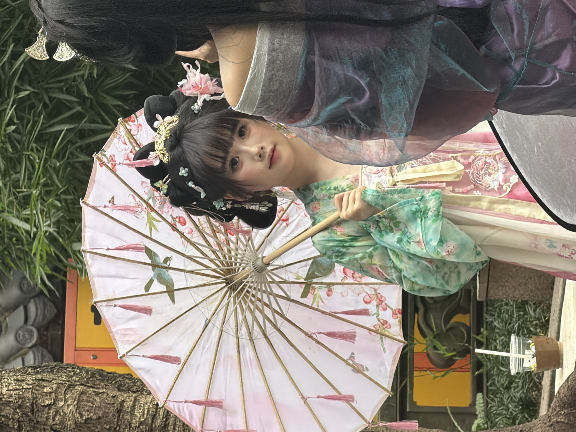 In Yuzhong District, China, two individuals are depicted in an outdoor setting with traditional Chinese architectural elements and lush greenery. The foreground is dominated by a young woman on the left, holding a white and pink patterned umbrella adorned with floral motifs and tassels. She is wearing a green and pink traditional Chinese garment with intricate embroidery and elaborate hair ornaments. Her gaze is directed towards the viewer, and she has a soft makeup application. To her right, partially obscuring her, is another individual whose back is to the camera, wearing a flowing, iridescent purple and blue garment. Their dark hair is visible. In the background, a textured tree trunk stands to the left, and behind the individuals, elements of a traditional Chinese building, possibly a temple or pavilion with grey tiled roofs, are visible, alongside a bright yellow structure. The ground appears to be paved, and there are plants and foliage contributing to the serene atmosphere. A disposable cup with a straw is placed on the ground to the left, suggesting a modern element within the traditional scene.