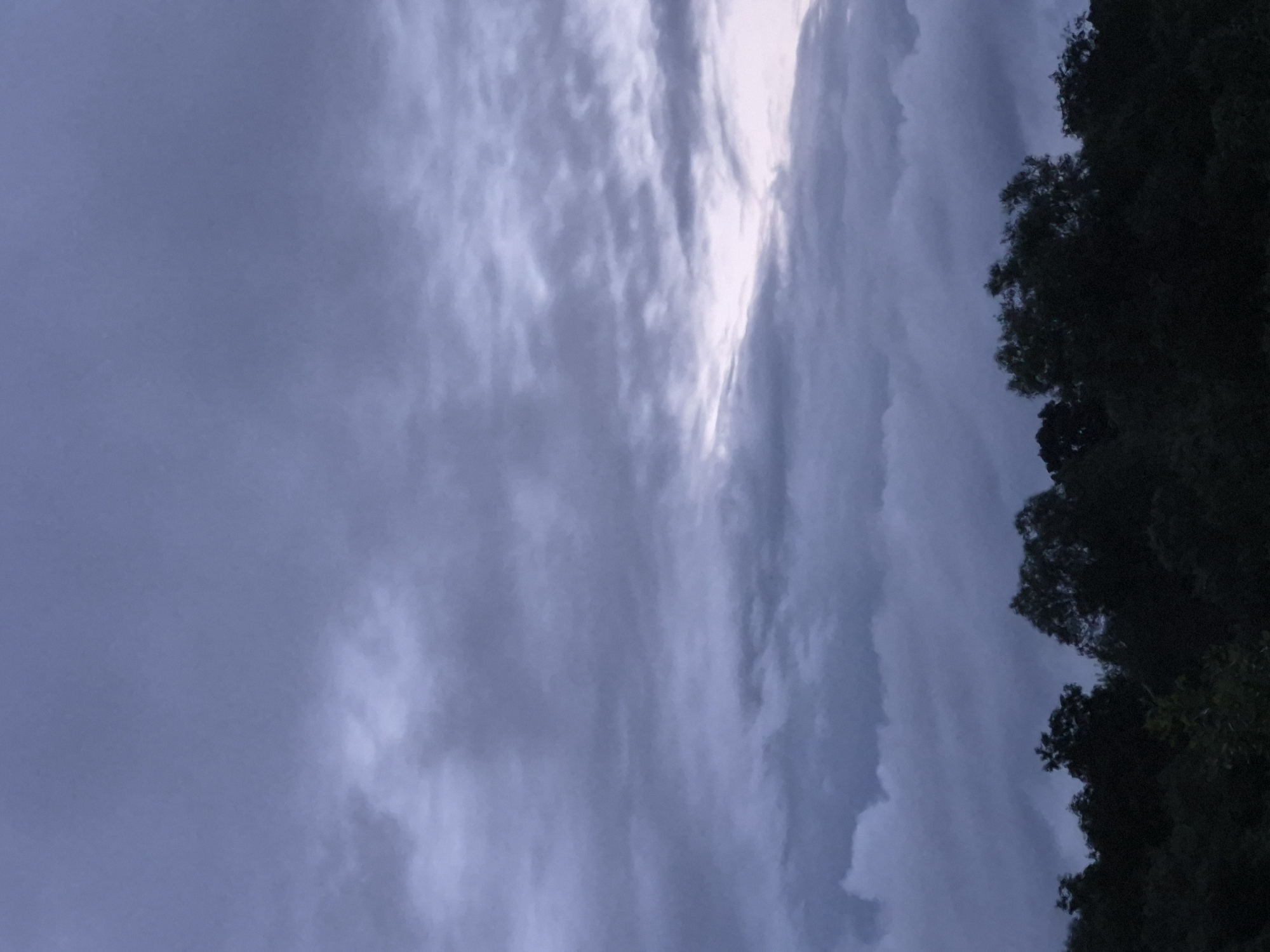 The image shows a dramatic sky with clouds and trees. The sky is filled with wispy, gray clouds that are illuminated by a bright light from the upper right corner, suggesting either the sun breaking through or a lightning strike. The clouds are dense and layered, creating a sense of depth and movement. On the right side of the image, a silhouette of dark green trees is visible, their branches reaching upwards towards the sky. The trees appear to be a dense forest. The overall mood of the image is one of a brewing storm or the aftermath of one, with a touch of natural beauty and intensity. The lighting indicates it is likely late afternoon or early evening, as the sky is not fully dark but the light source is hidden. No people, objects, or text are visible. The location is Sooblase, Estonia.