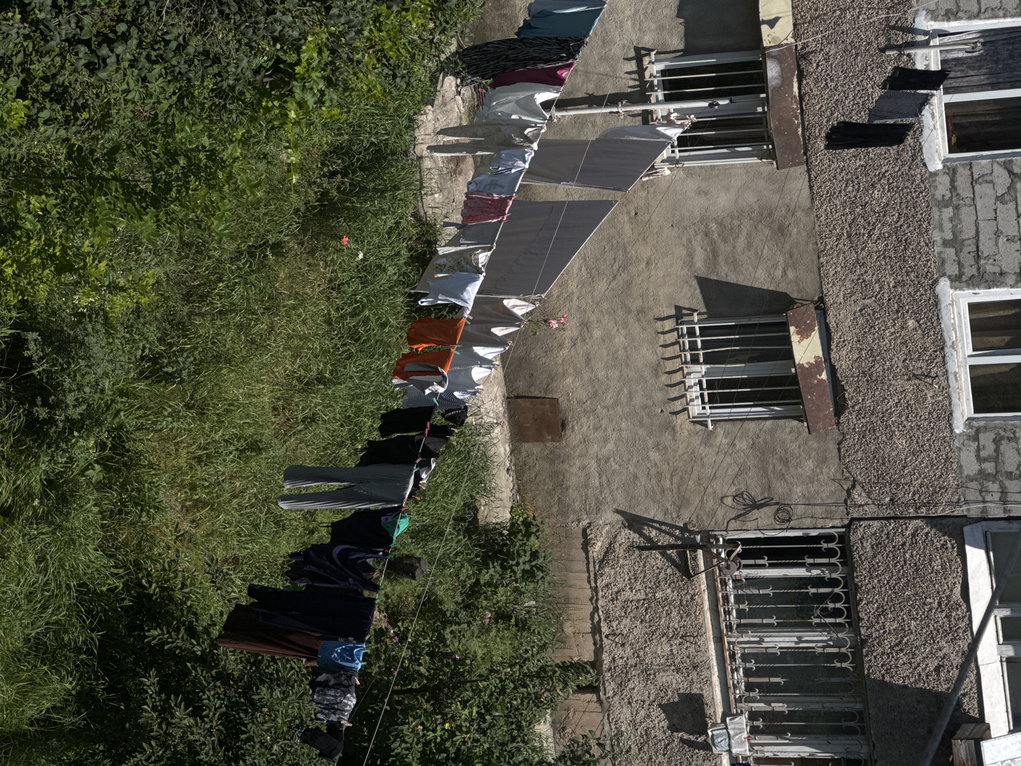 The image depicts laundry hanging on a clothesline in front of a weathered apartment building, set against a backdrop of lush green vegetation in Yerevan, Armenia. The building's facade is textured with a rough stucco finish and shows signs of age. Several windows are visible, some with decorative metal grates, suggesting a practical and possibly security-conscious design. The clothesline stretches across the frame, laden with a variety of garments, including shirts, pants, and what appear to be sheets or larger fabric items, all in different colors and textures, indicating a domestic scene. The surrounding greenery, characterized by tall grasses and leafy bushes, suggests an urban area with pockets of natural growth, possibly a courtyard or a hillside. The sunlight casts distinct shadows, highlighting the textures of the building and the fabric, and indicating a clear, sunny day. The overall impression is one of everyday life unfolding in an Armenian city, with laundry drying outdoors, a common practice in many regions.