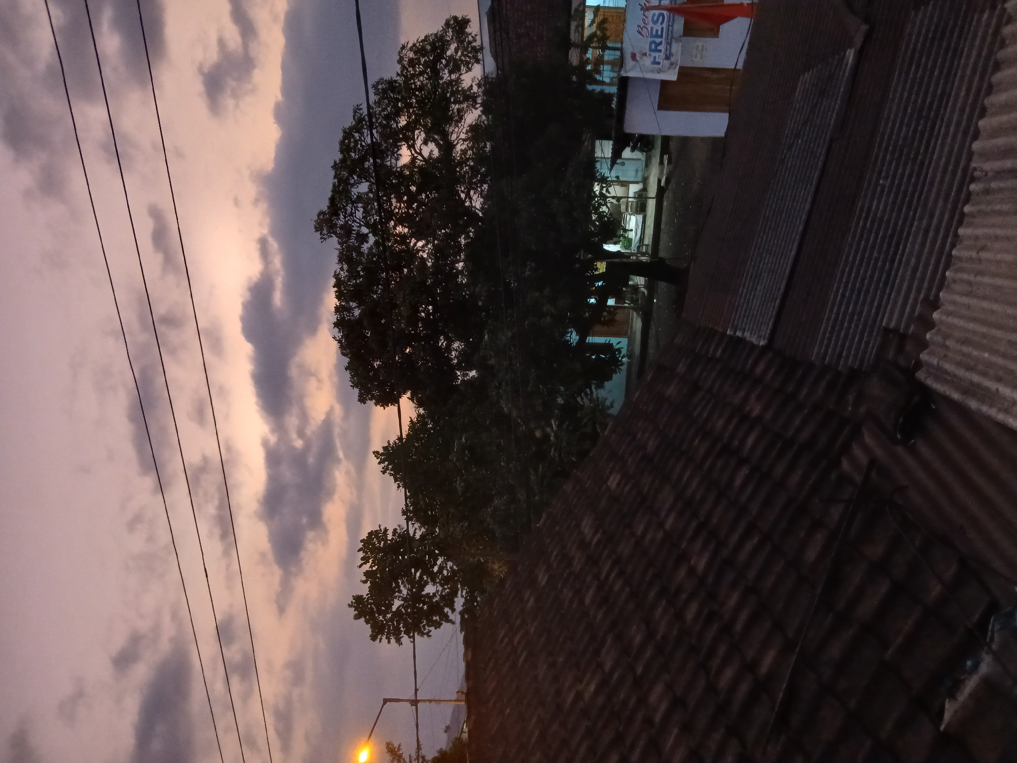The image depicts a dusky sky over a residential area in Kademangan Kulon, Indonesia. The sky is filled with diffused clouds tinted with hues of pink and purple, suggesting either sunrise or sunset. Several dark power lines traverse the upper portion of the frame. In the mid-ground, silhouetted against the sky, are large, dense trees. Beneath the trees, a street is visible with buildings and what appears to be a small shop. One building has a sign that reads "Berkan Fresh". A street lamp illuminates the left side of the scene with a warm, yellow light. The foreground is dominated by the dark, tiled roofs of houses. The overall impression is a quiet, possibly evening scene in a semi-urban or suburban environment. There are no people visible in the frame.